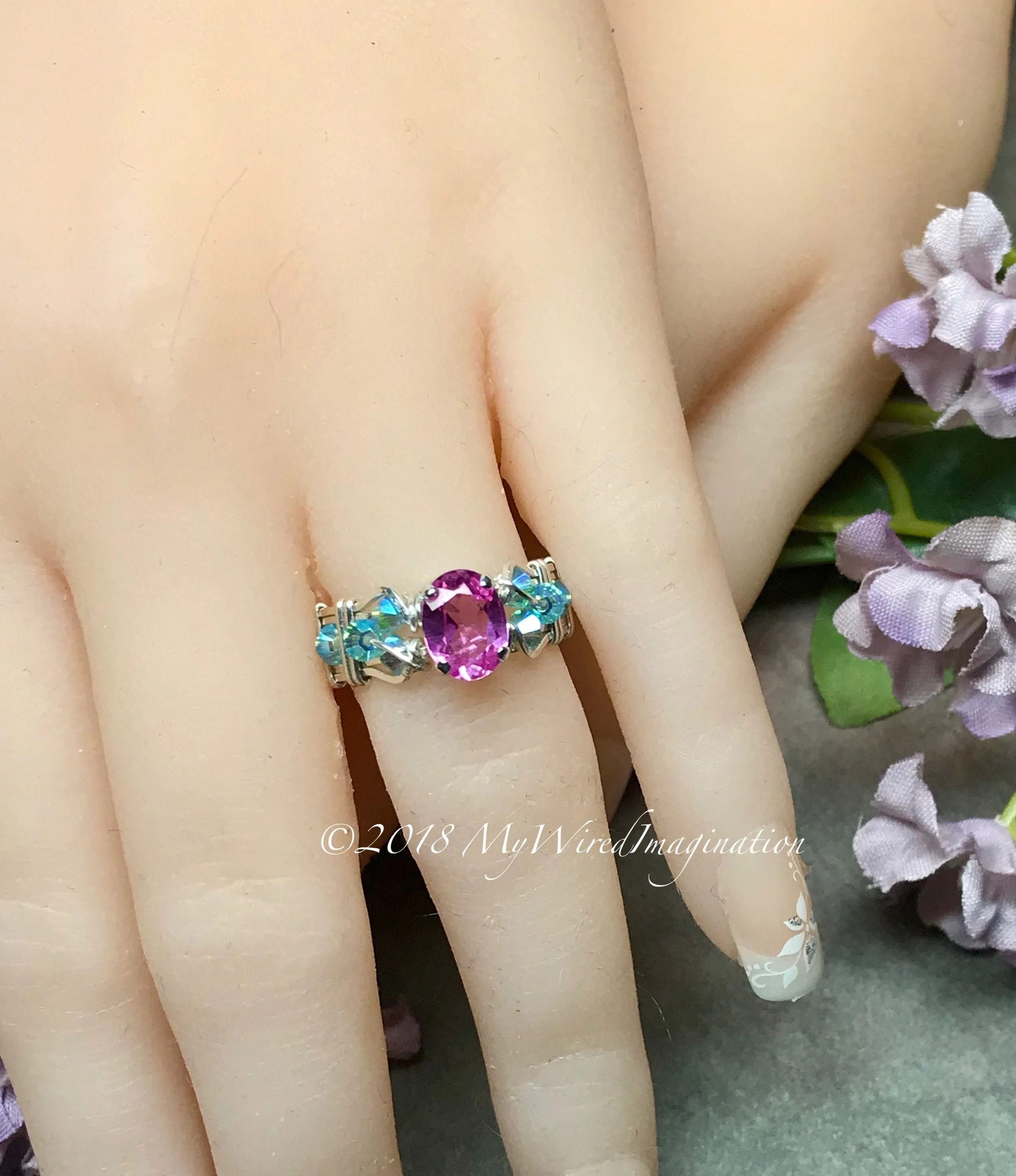 Dainty Pink Sapphire and Swarovski Crystal Handmade Ring, Made to Order