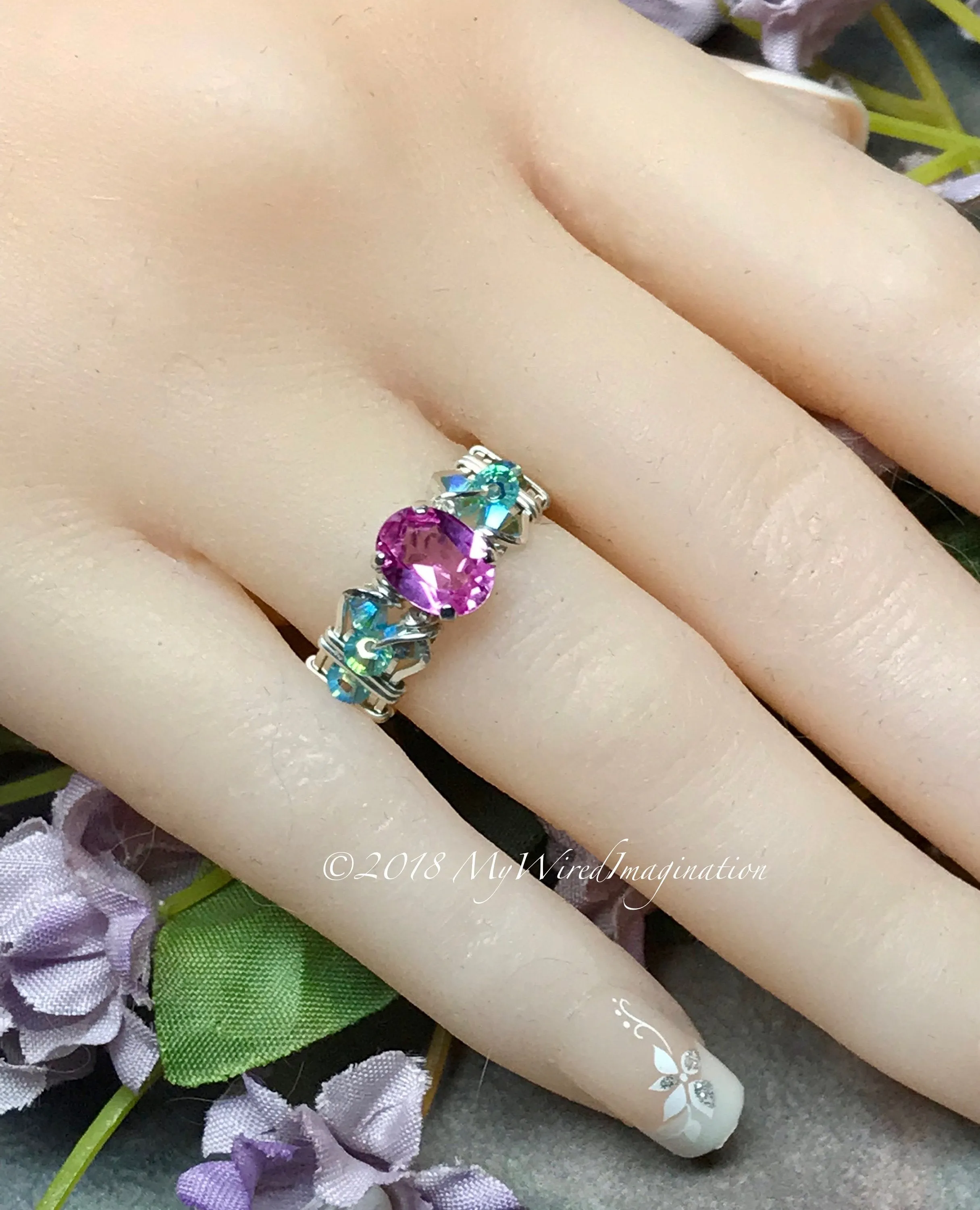 Dainty Pink Sapphire and Swarovski Crystal Handmade Ring, Made to Order
