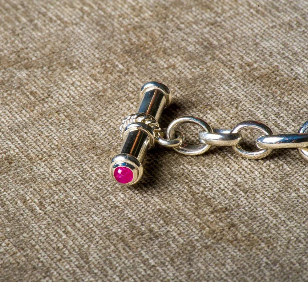 DFS Sterling Silver Handmade Cable Bracelet with Ruby Toggle