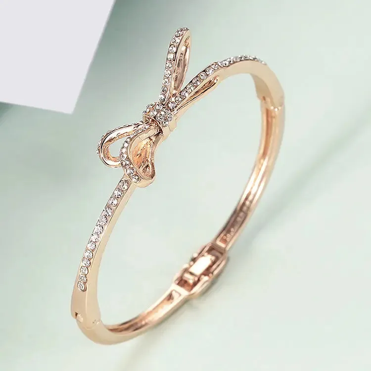 Diamond & Bow Rose Gold Bracelet - Elegant Women's Jewelry