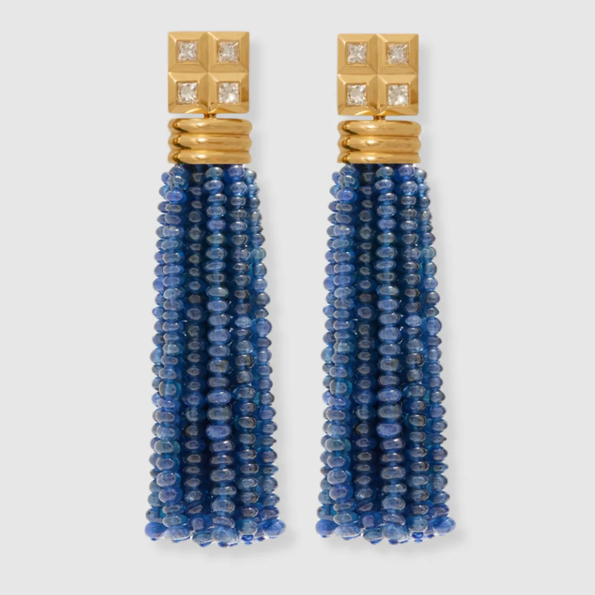 Diamond Princess Cut Studs with Sapphire Tassels, 18K Yellow Gold