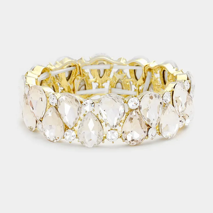 Double Row Clear Crystal Teardrop Stretch Bracelet on Gold| 353384