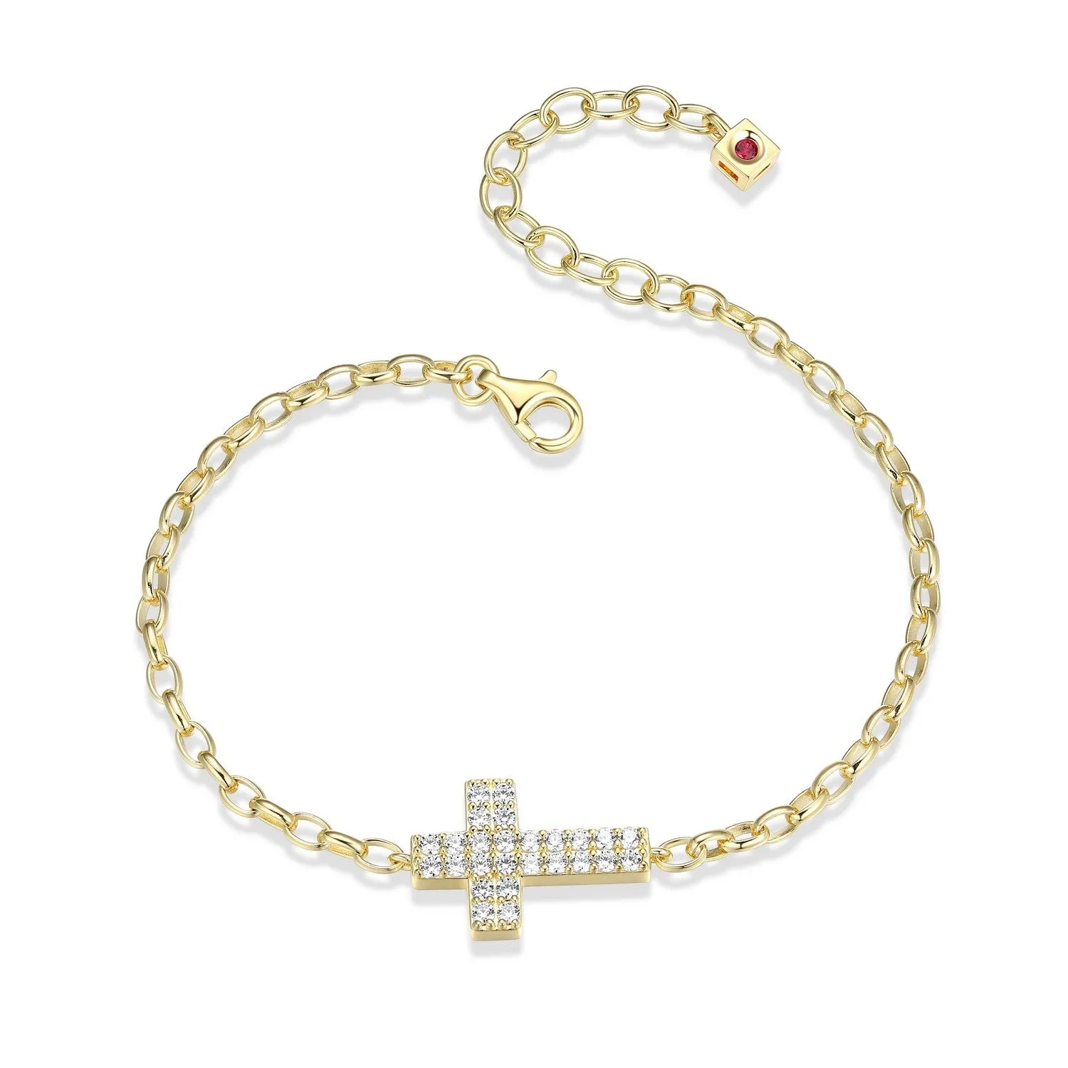 Elle Humanity Sterling Silver 18K Yellow Gold Plated Pave CZ Sideways Cross Bracelet