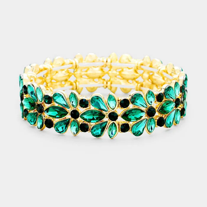 Emerald Crystal Flower Stretch Pageant Bracelet on Gold | Prom Bracelet | 389465