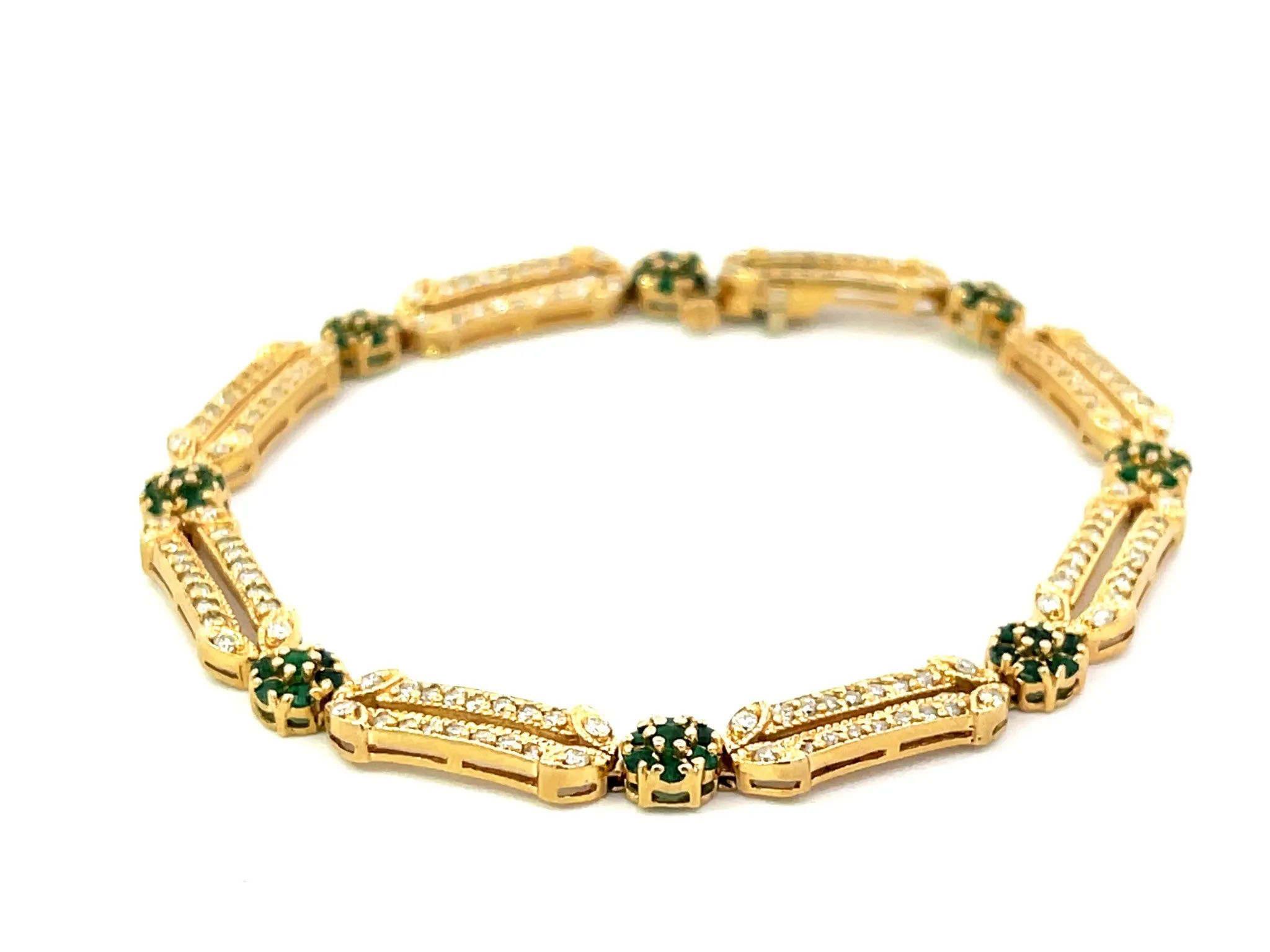 Emerald Flower and Diamond Link Bracelet in 14k Yellow Gold