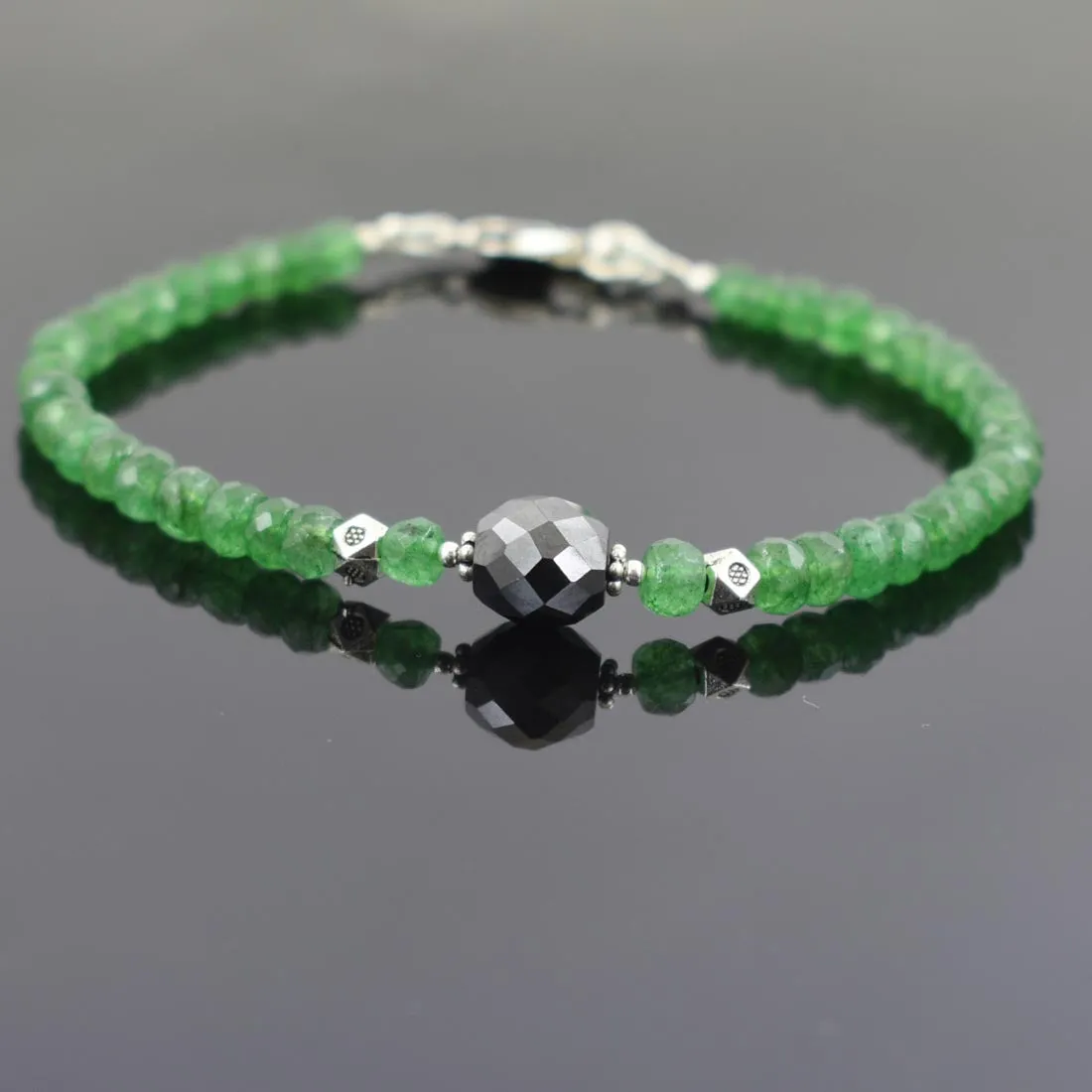 Emerald Gemstone Bracelet With 8 mm Black Diamond Bead, Great Design