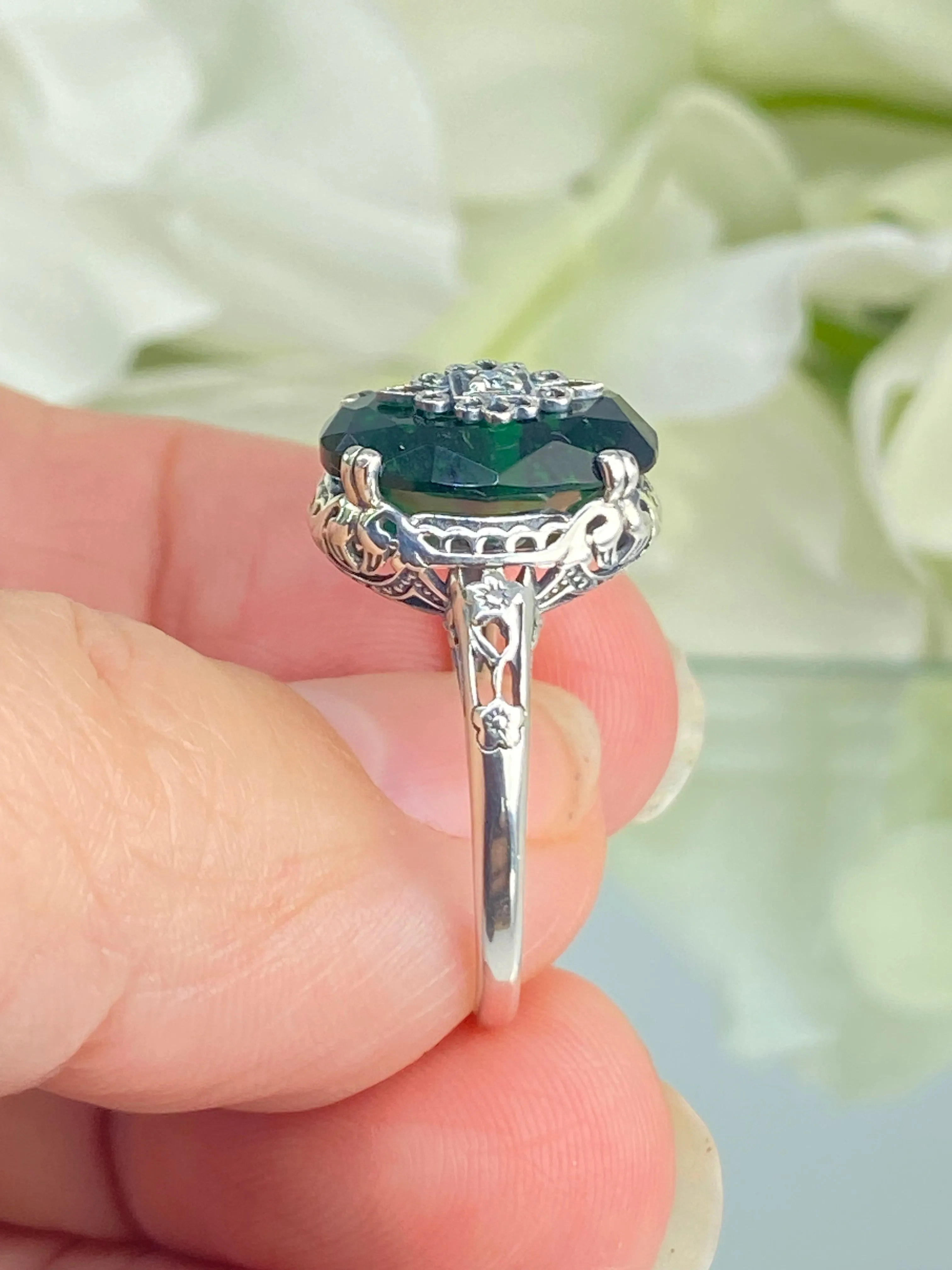 Emerald Green Ring, Size 6, Sterling Silver Embellishment, Edwardian Jewelry #D70e - Ready to Ship