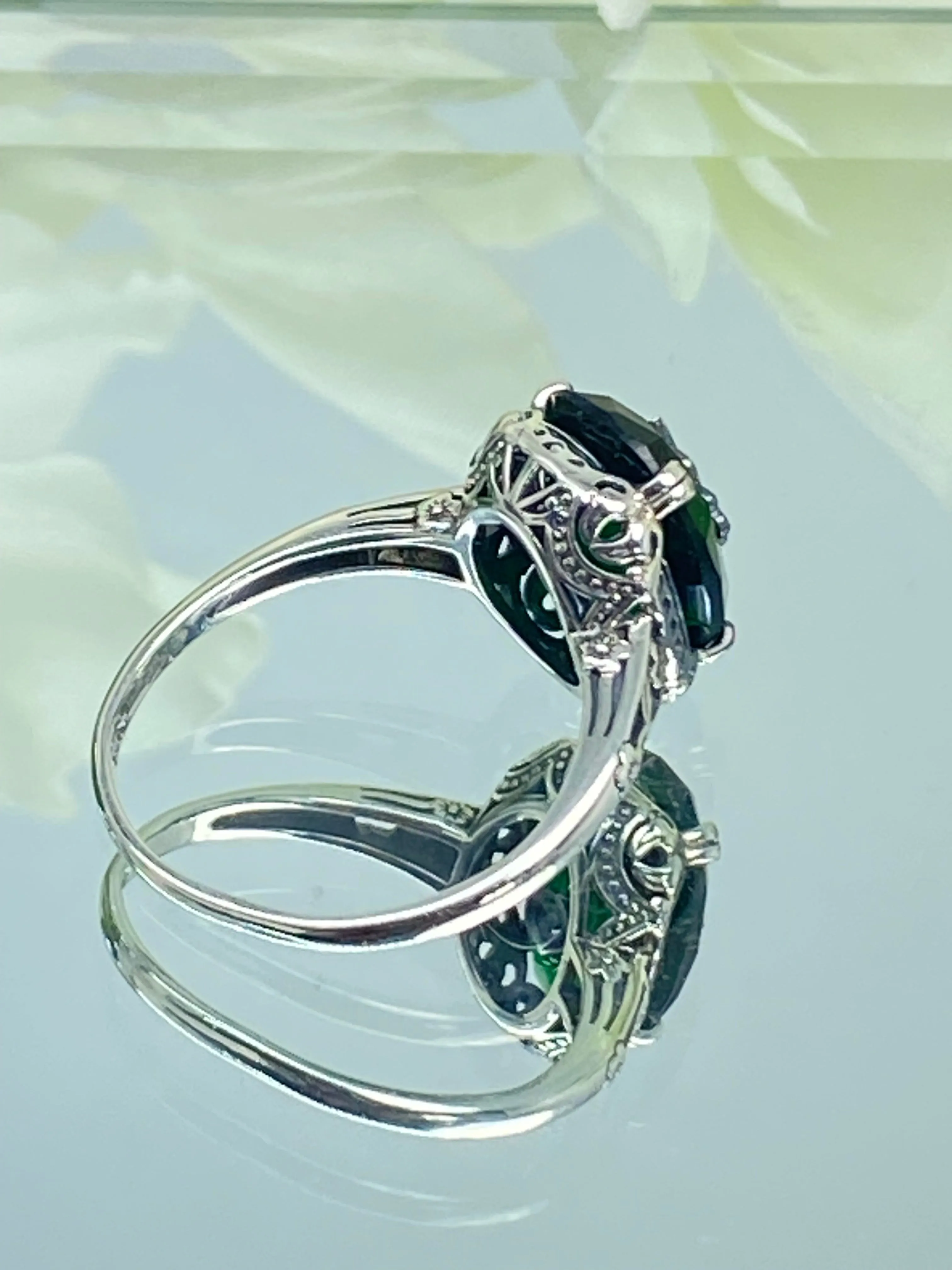 Emerald Green Ring, Size 6, Sterling Silver Embellishment, Edwardian Jewelry #D70e - Ready to Ship