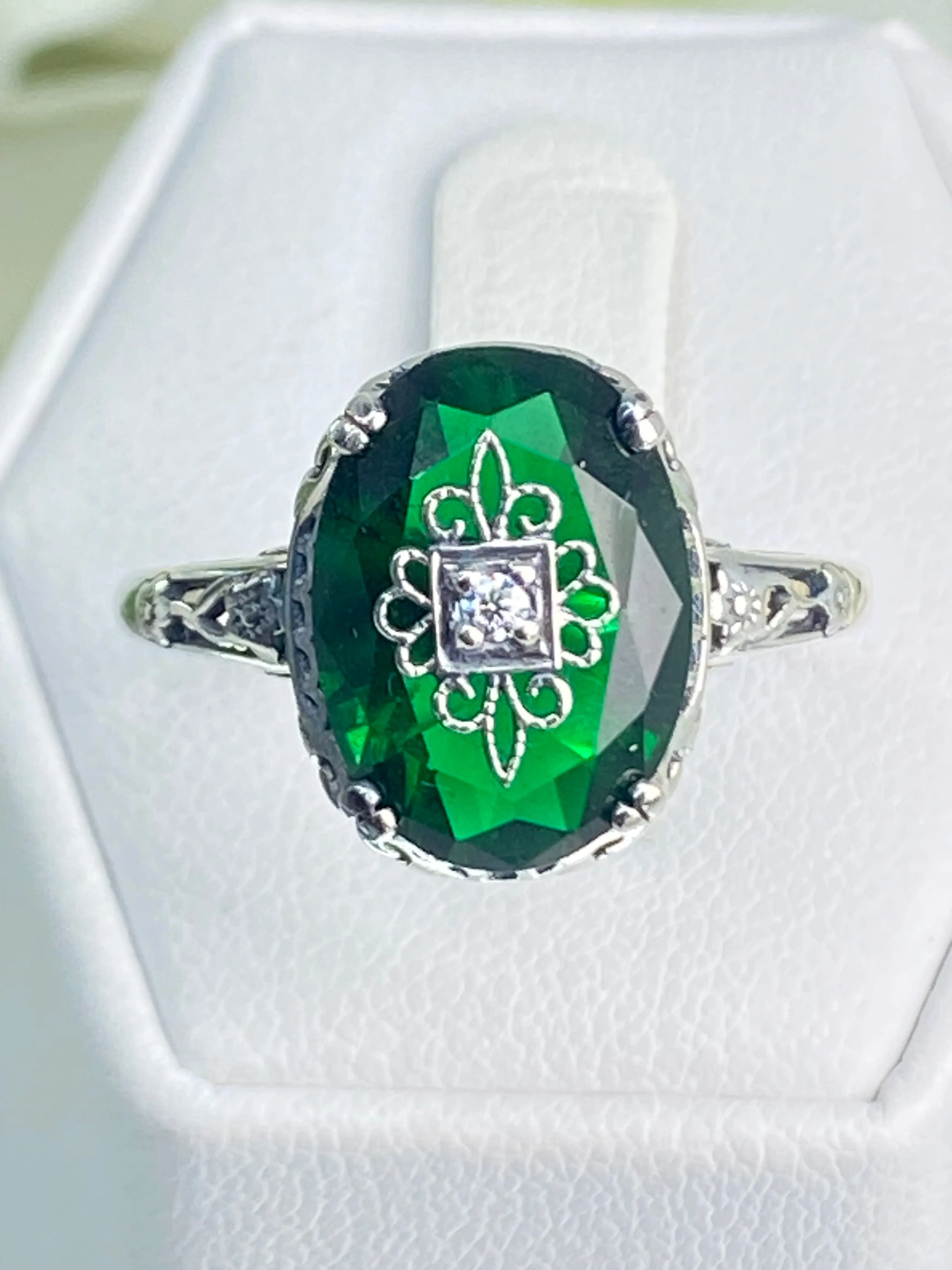 Emerald Green Ring, Size 6, Sterling Silver Embellishment, Edwardian Jewelry #D70e - Ready to Ship