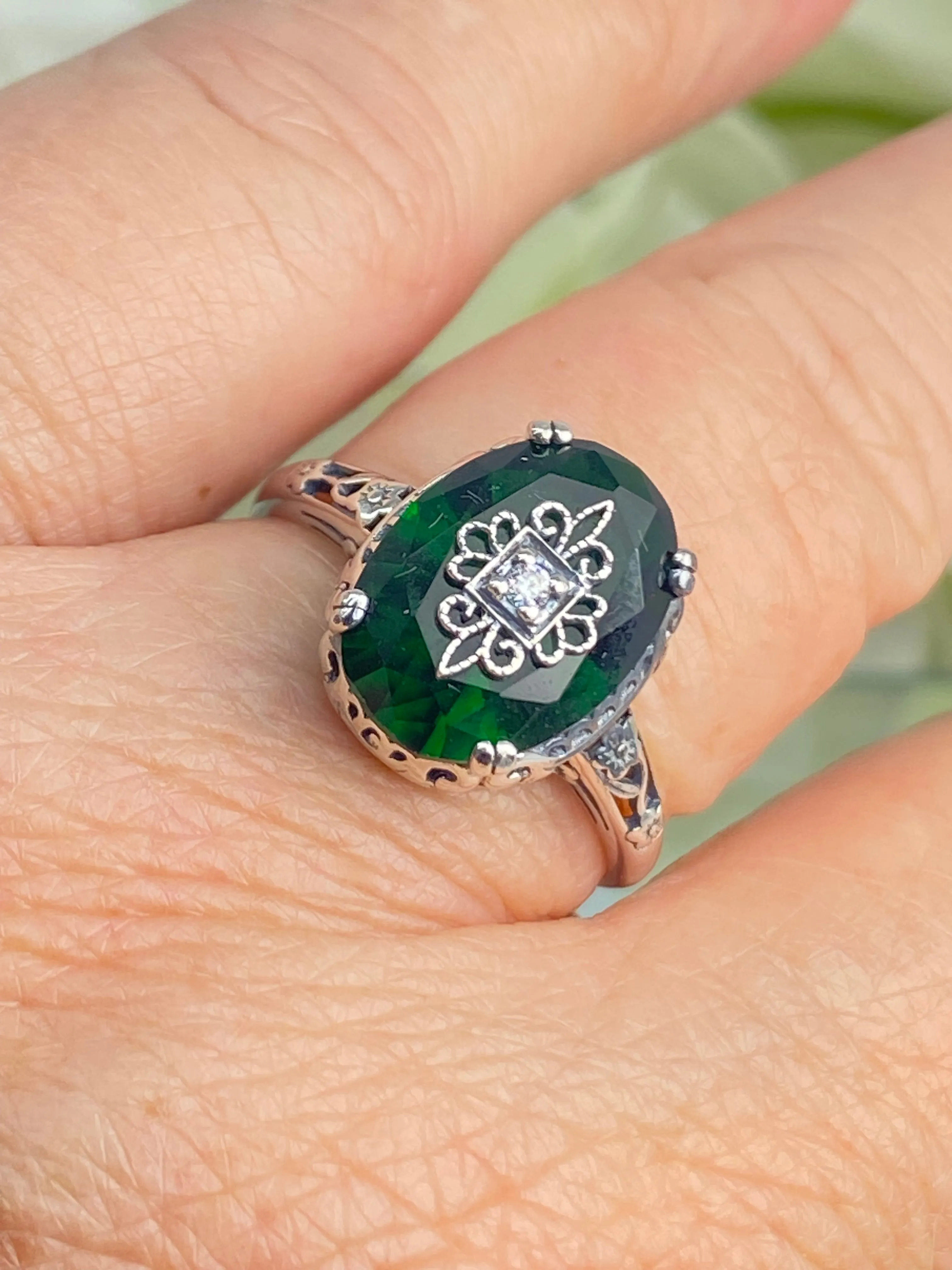 Emerald Green Ring, Size 6, Sterling Silver Embellishment, Edwardian Jewelry #D70e - Ready to Ship
