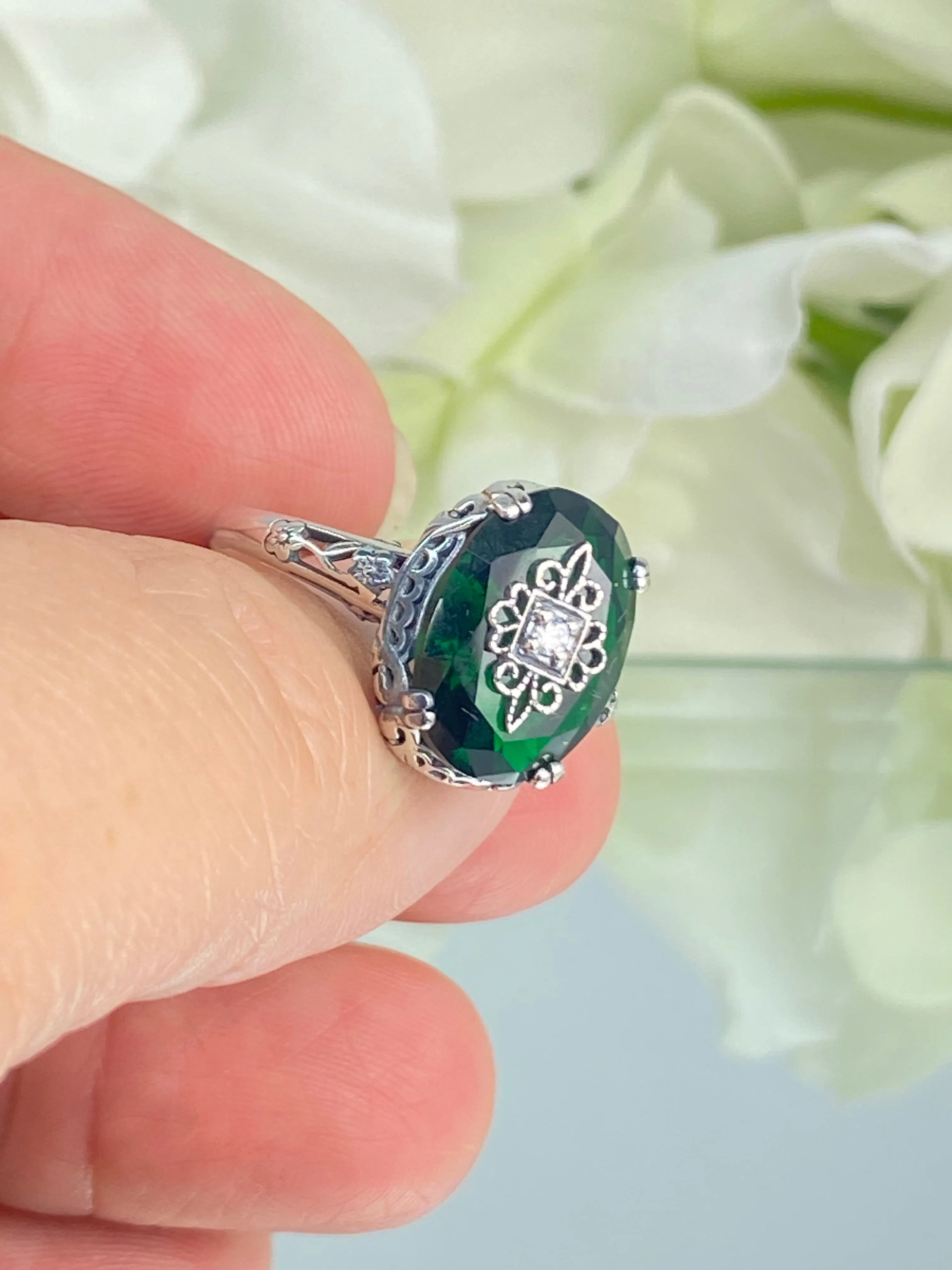 Emerald Green Ring, Size 6, Sterling Silver Embellishment, Edwardian Jewelry #D70e - Ready to Ship