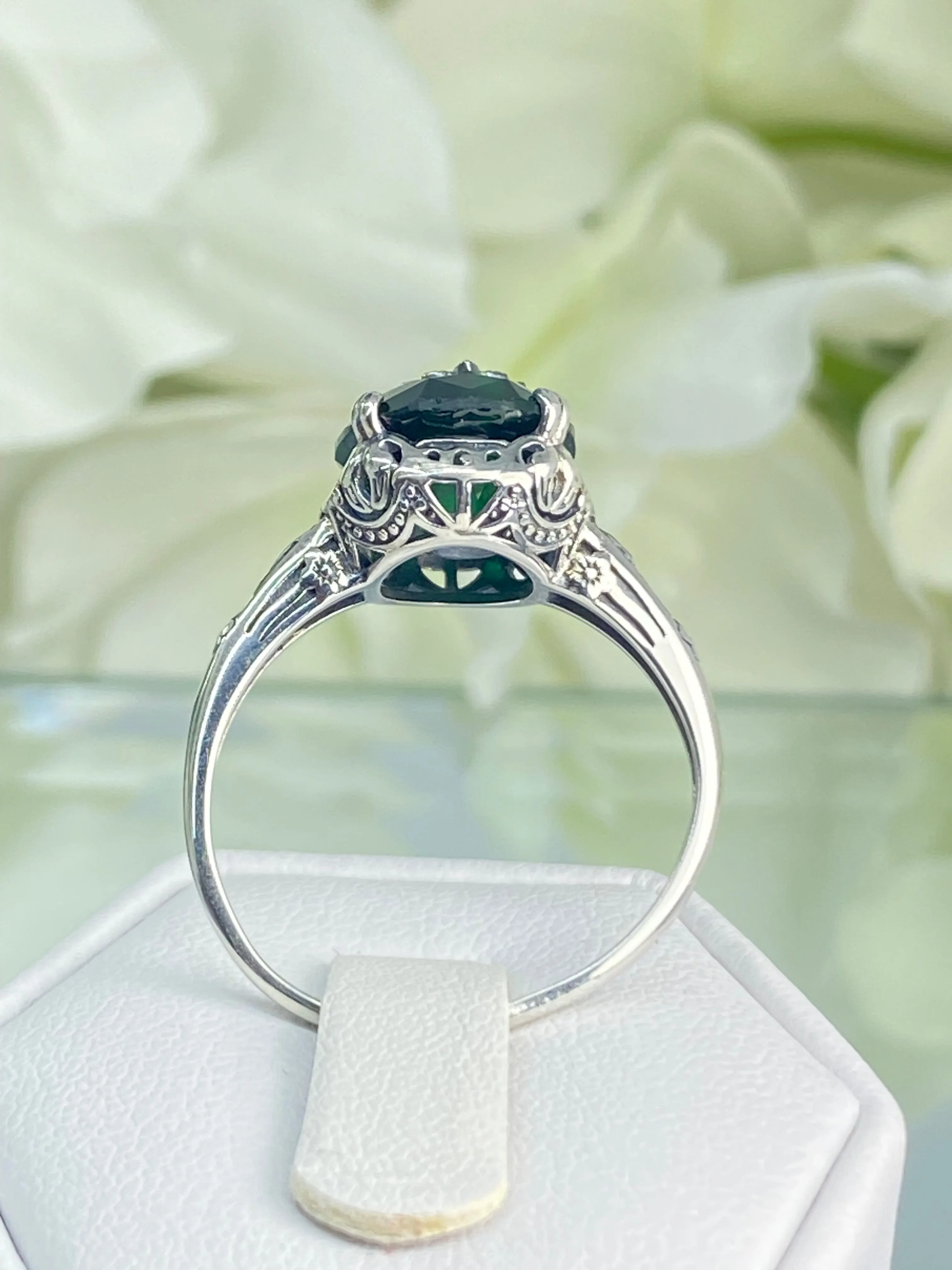 Emerald Green Ring, Size 6, Sterling Silver Embellishment, Edwardian Jewelry #D70e - Ready to Ship