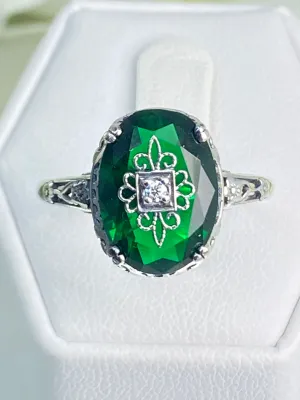 Emerald Green Ring, Size 8, Sterling Silver Embellishment, Edwardian Jewelry #D70e - Ready to Ship