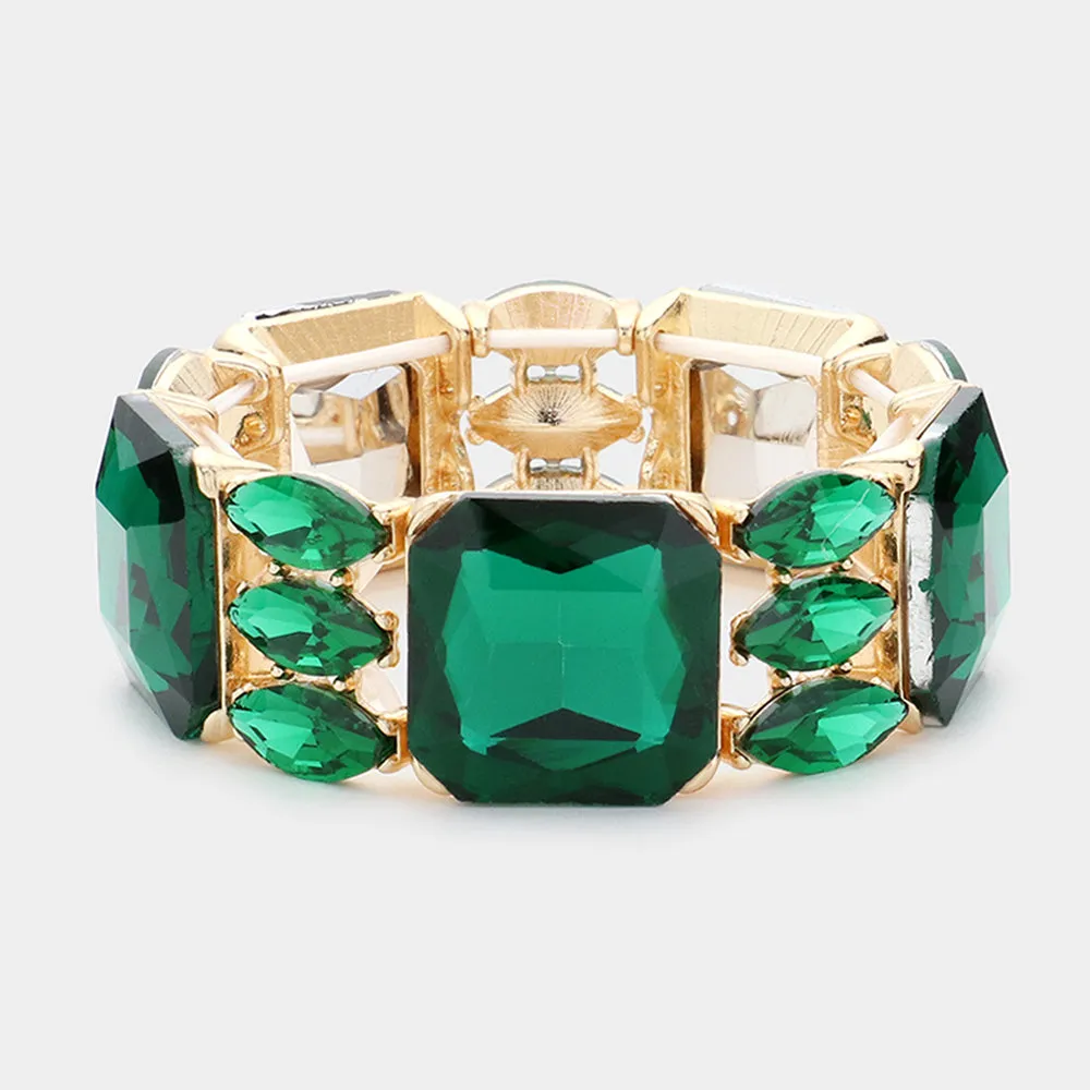 Emerald Rectangle and Marquise Stone Stretch Evening Bracelet on Gold | Chunky Bracelet |  623723