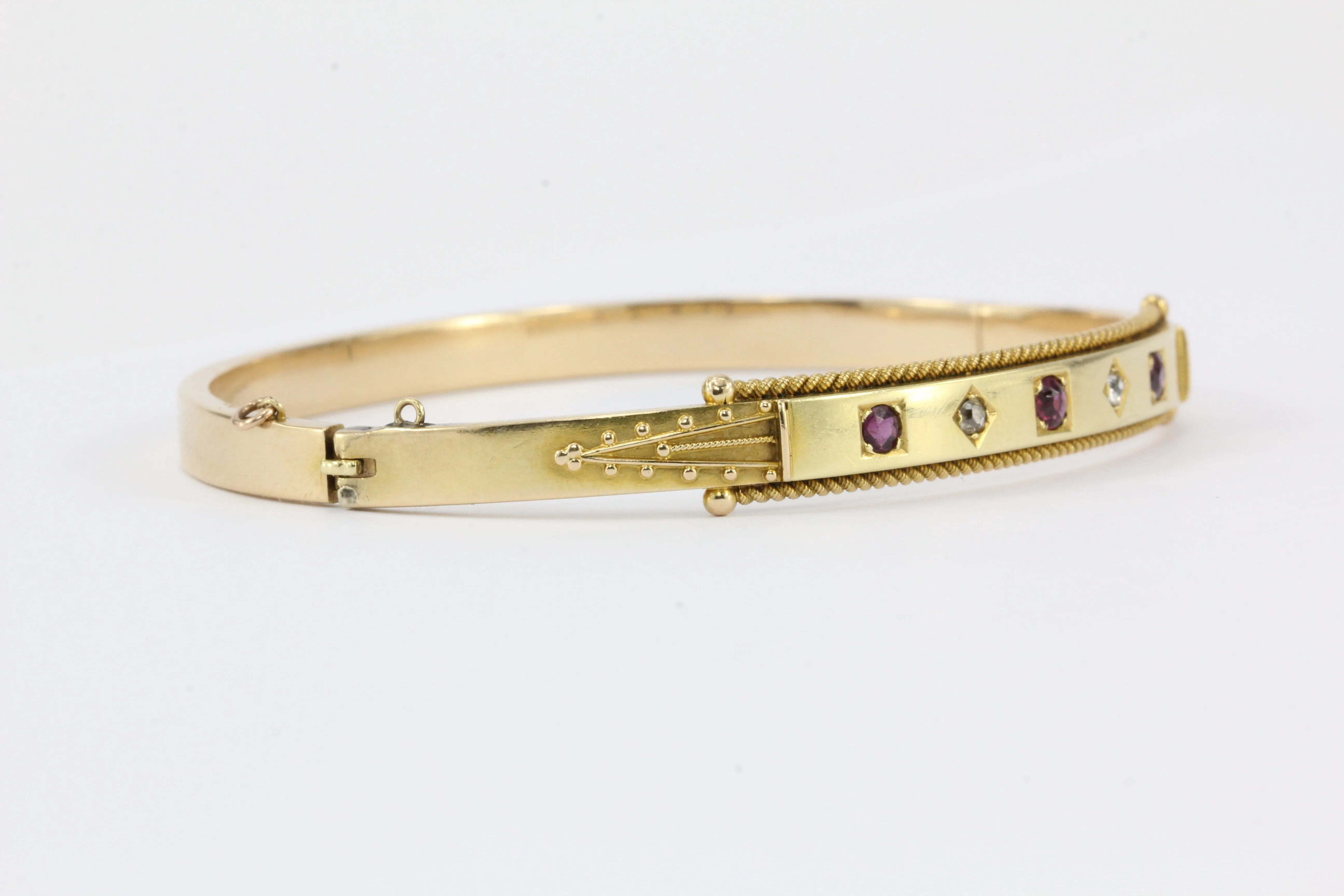 English 15ct Gold Victorian Ruby & Diamond Bangle Bracelet