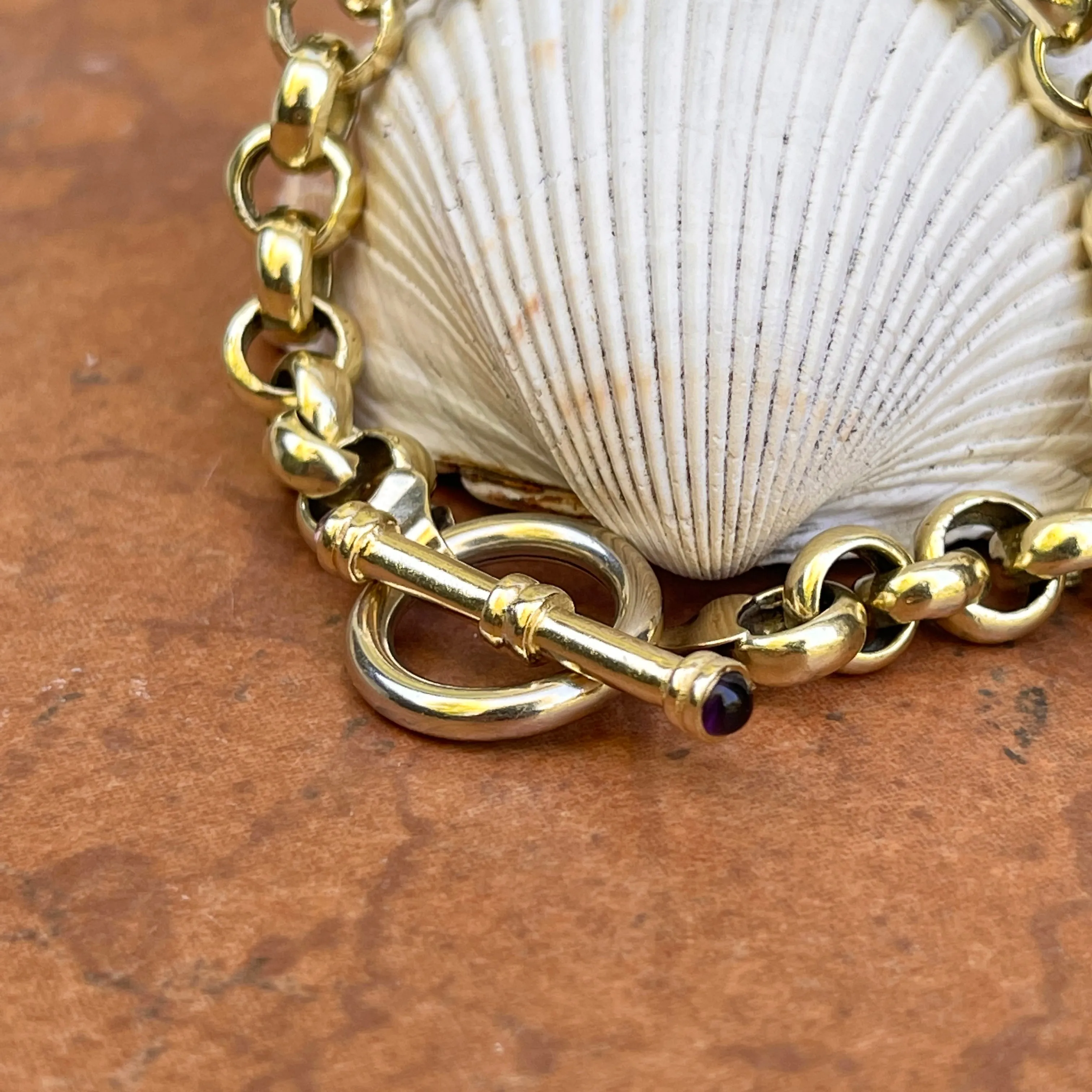 Estate 14KT Yellow Gold Rolo Link Chain Amethyst Toggle Bracelet