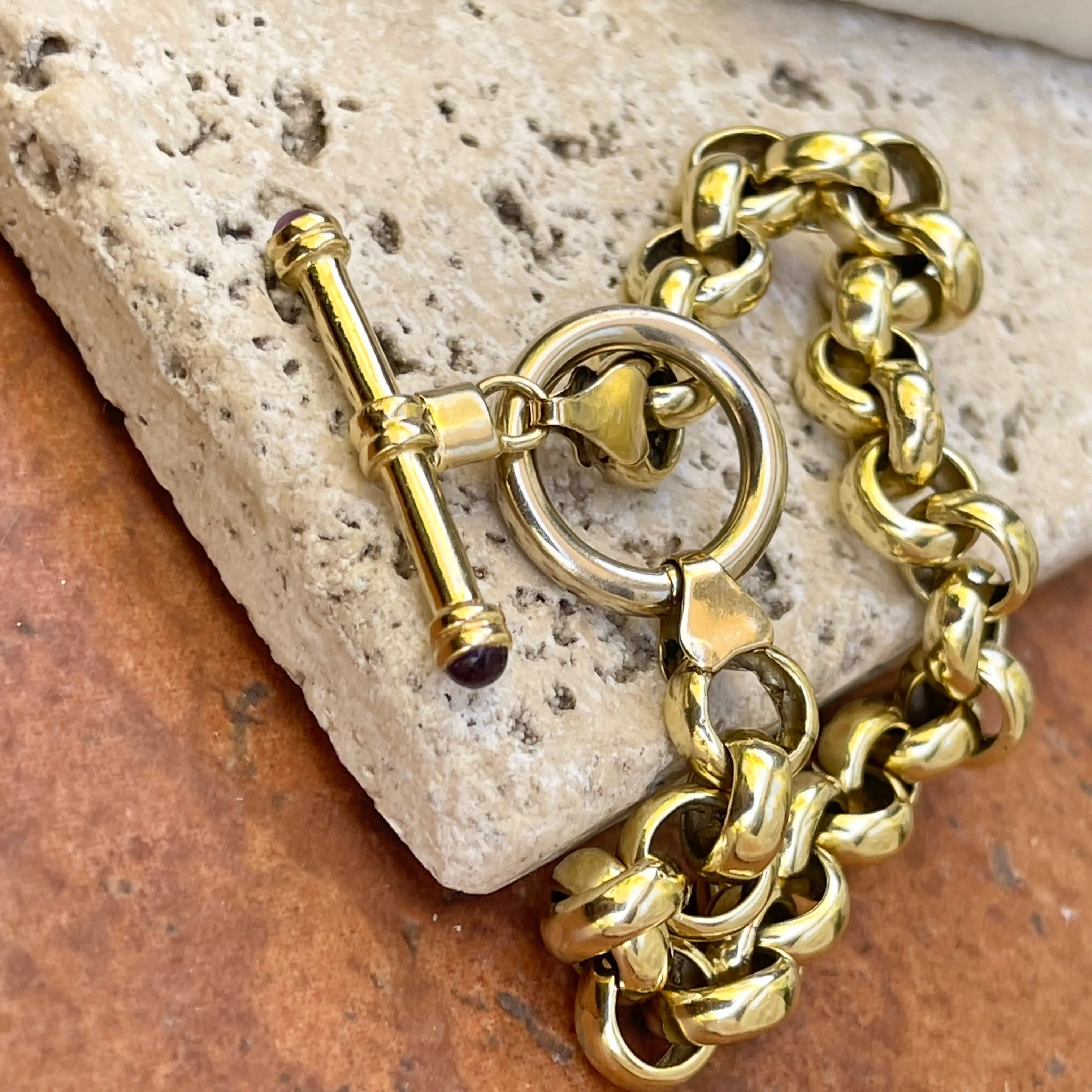 Estate 14KT Yellow Gold Rolo Link Chain Amethyst Toggle Bracelet