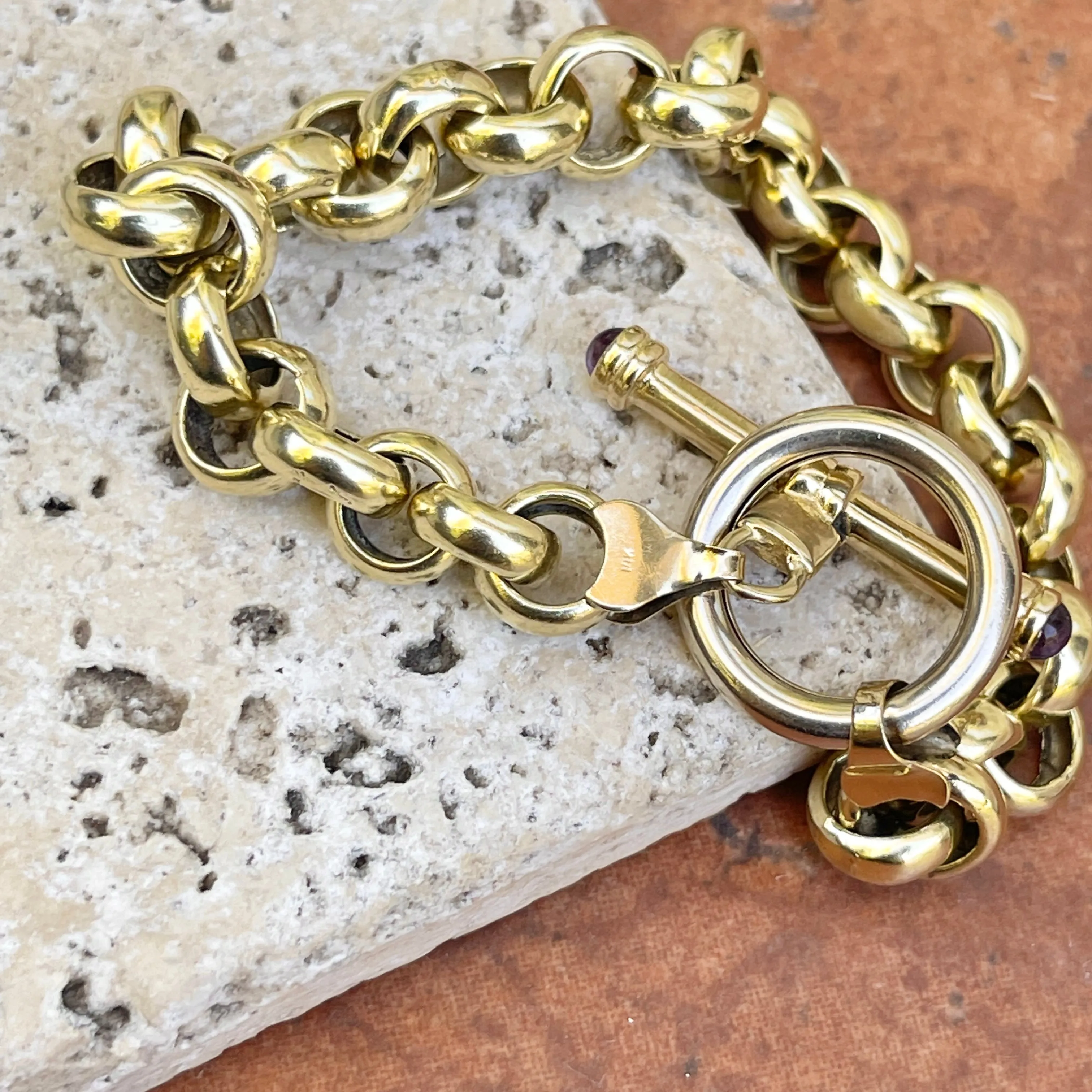 Estate 14KT Yellow Gold Rolo Link Chain Amethyst Toggle Bracelet