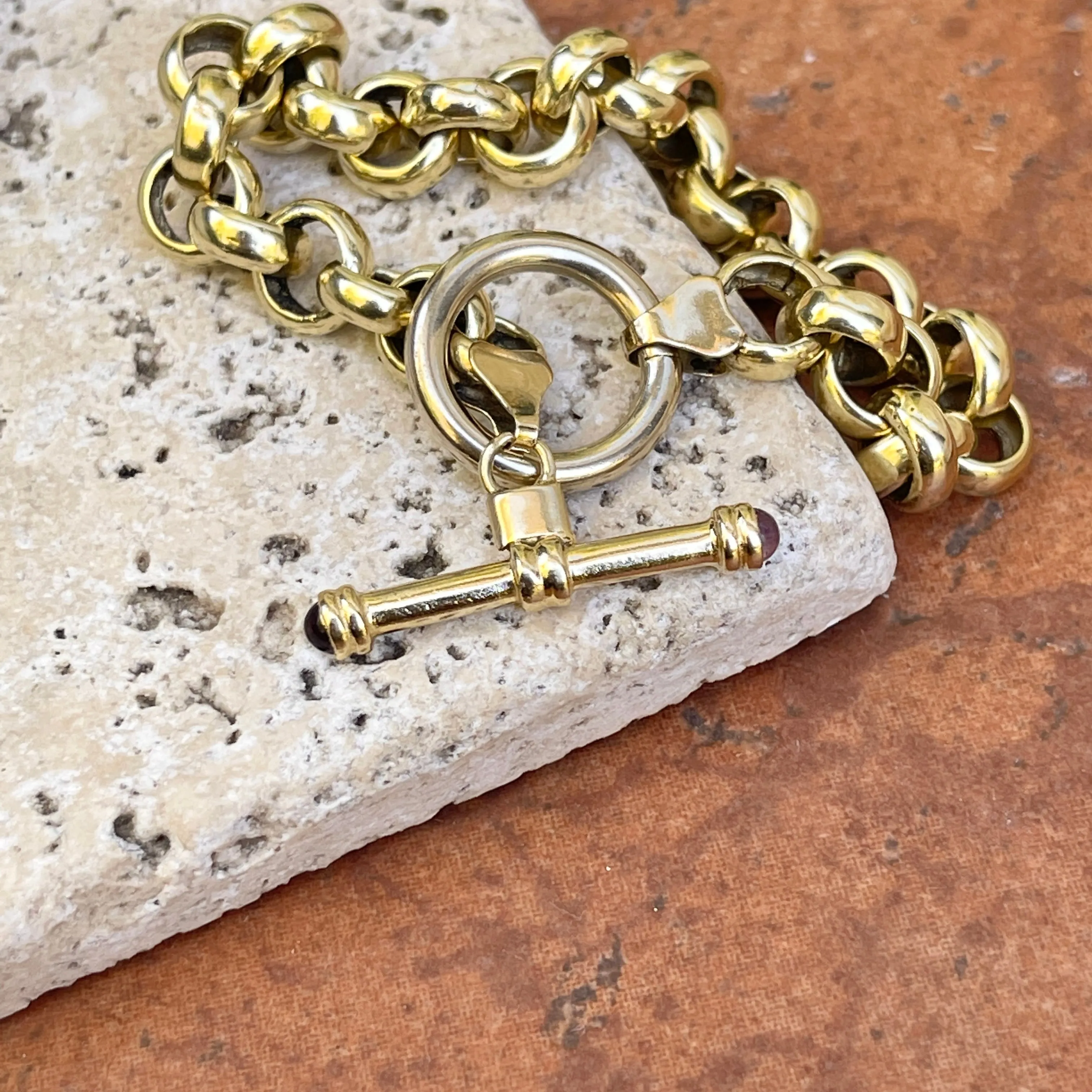 Estate 14KT Yellow Gold Rolo Link Chain Amethyst Toggle Bracelet