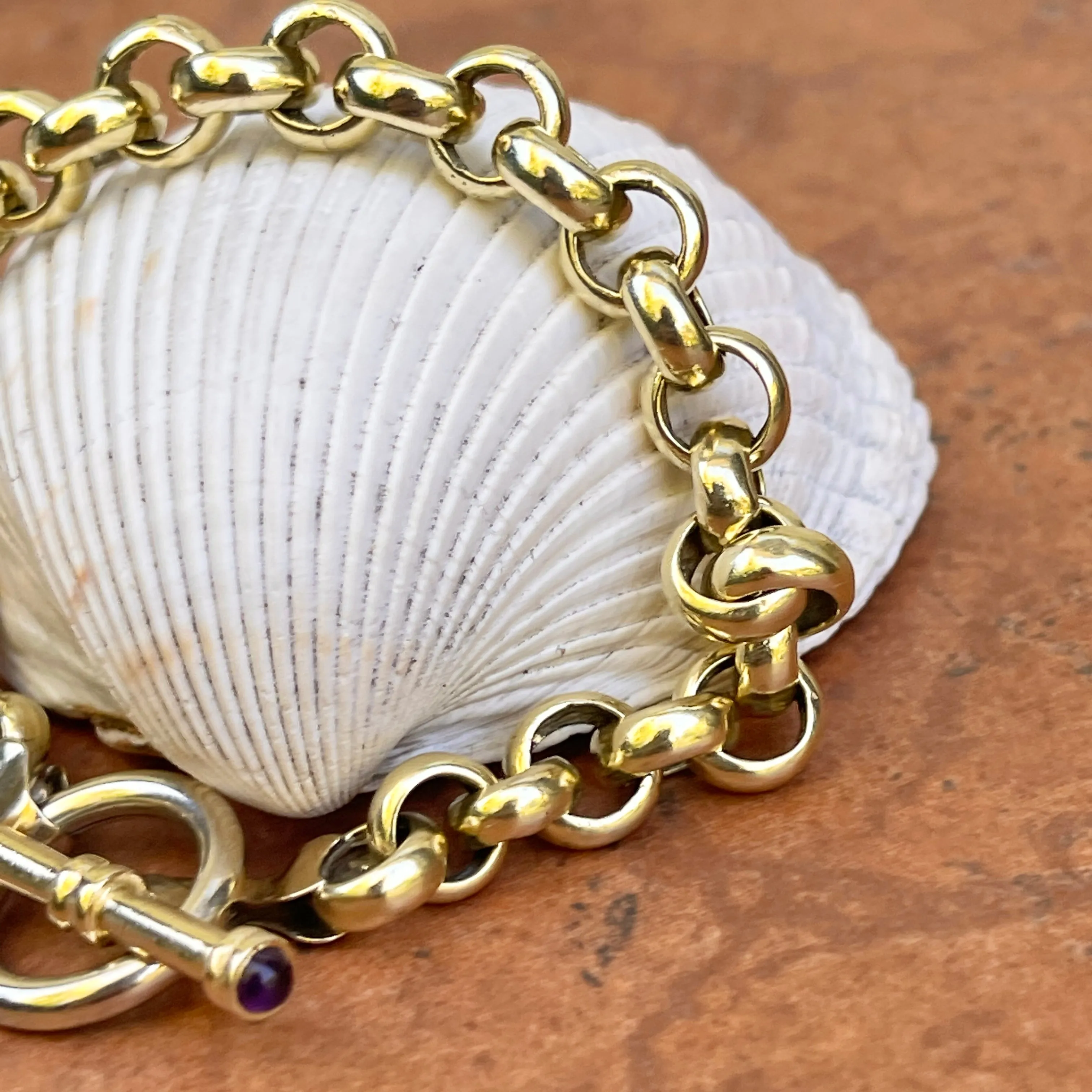 Estate 14KT Yellow Gold Rolo Link Chain Amethyst Toggle Bracelet