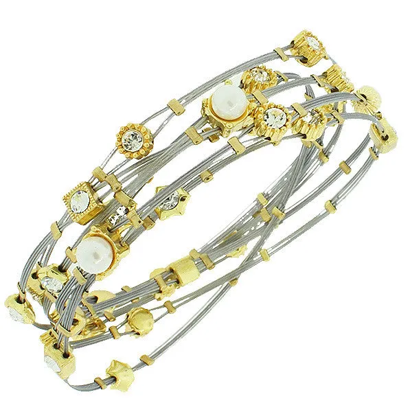 Fashion Alloy Gold and  Silver-Tone White CZ Simulated Pearls Whisper Bracelets Set