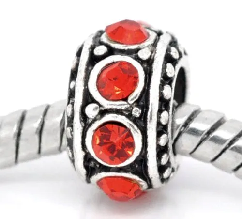 Five (5) July Ruby Red  Rhinestone Charms Spacer Beads For Snake Chain Charm Bracelet