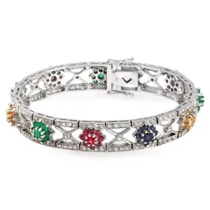 Floral Pattern Multicolored Gemstone And Diamond Bracelet, 18k White Gold