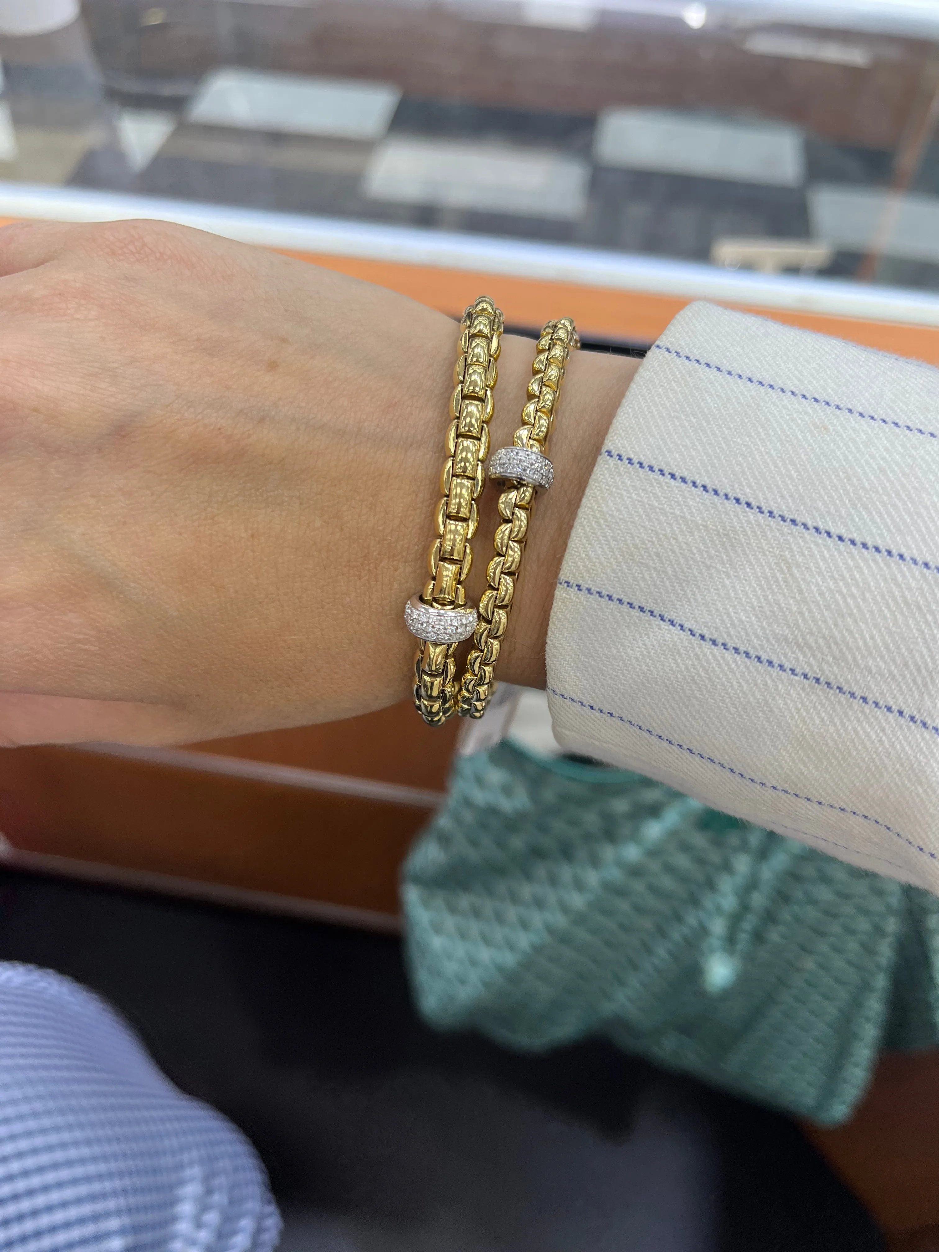 FOPE 'EKA' Gold Pave Diamond Rondel Stretchy Bracelet (721B)