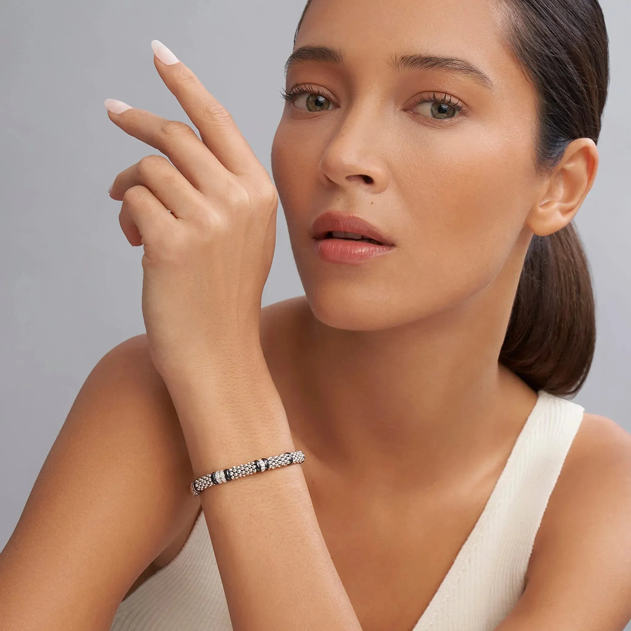 Four Station Diamond Caviar Bracelet | 6mm