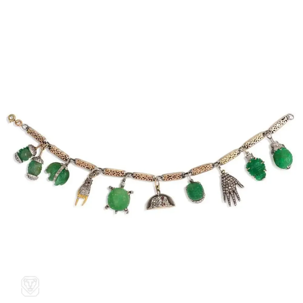 French Art Deco emerald charm bracelet