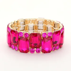 Fuchsia Crystal Square and Round Stone Cluster Stretch Pageant Bracelet | Hot Pink Evening Bracelet | 647858