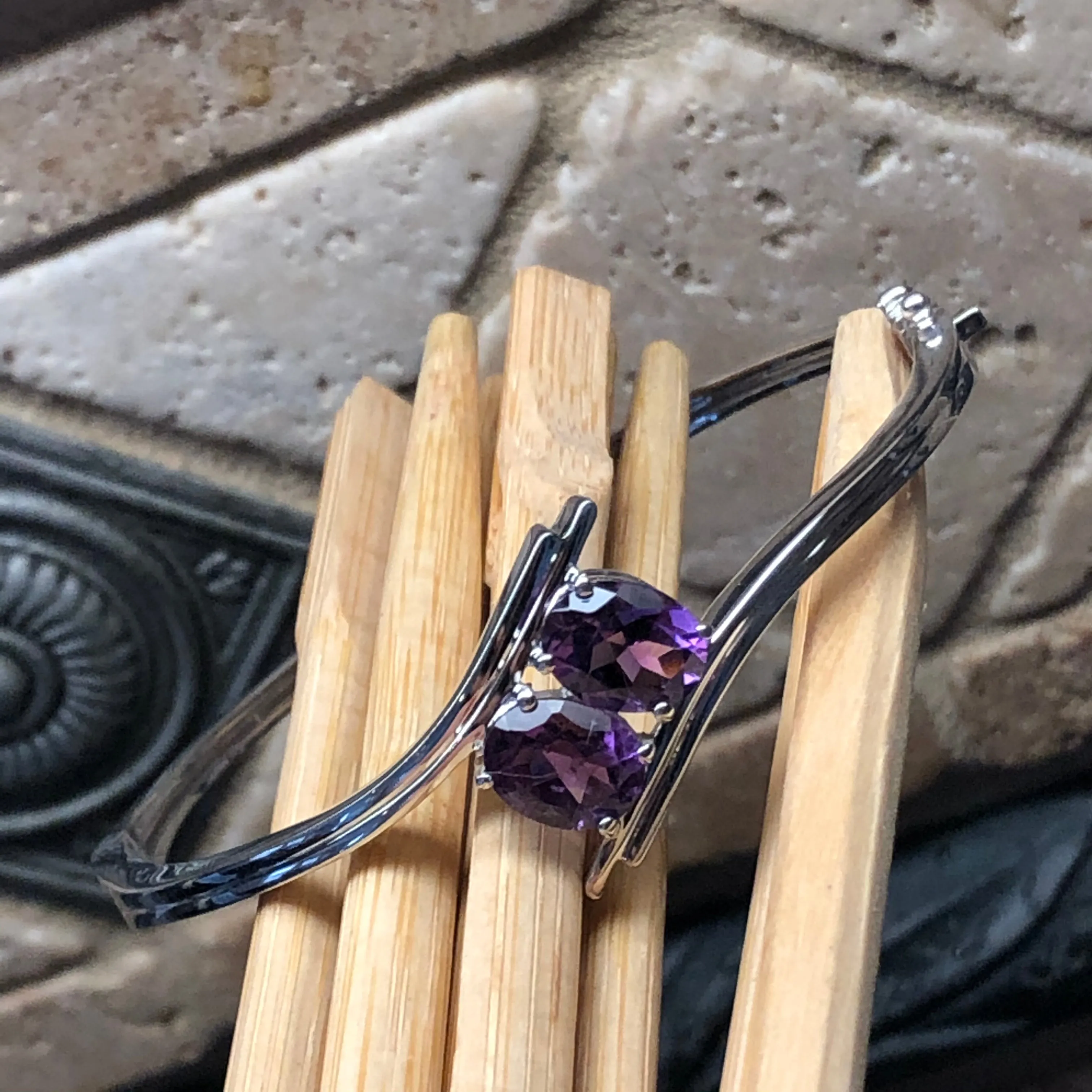Genuine 4ct Purple Amethyst 925 Solid Sterling Silver Bangle Bracelets