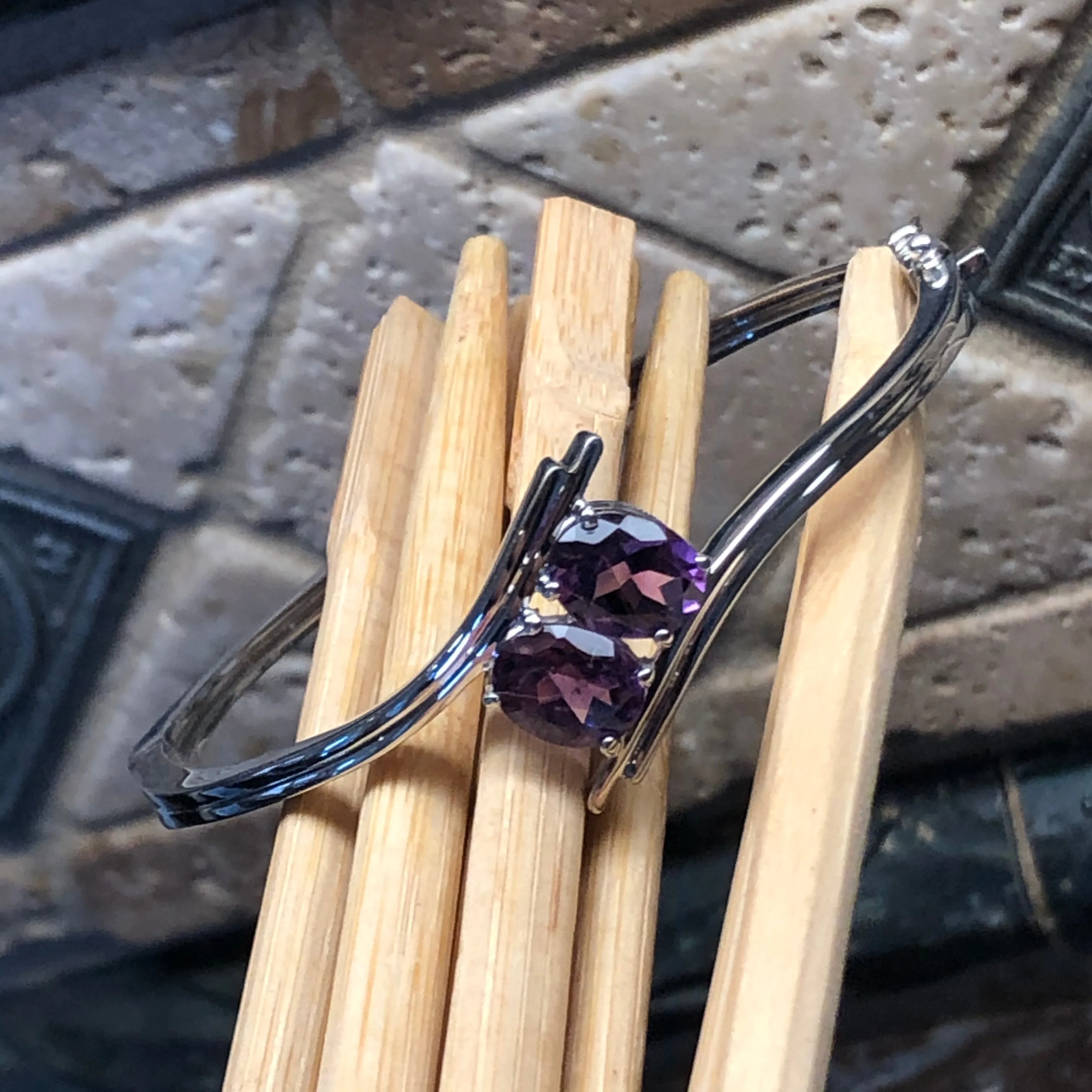 Genuine 4ct Purple Amethyst 925 Solid Sterling Silver Bangle Bracelets
