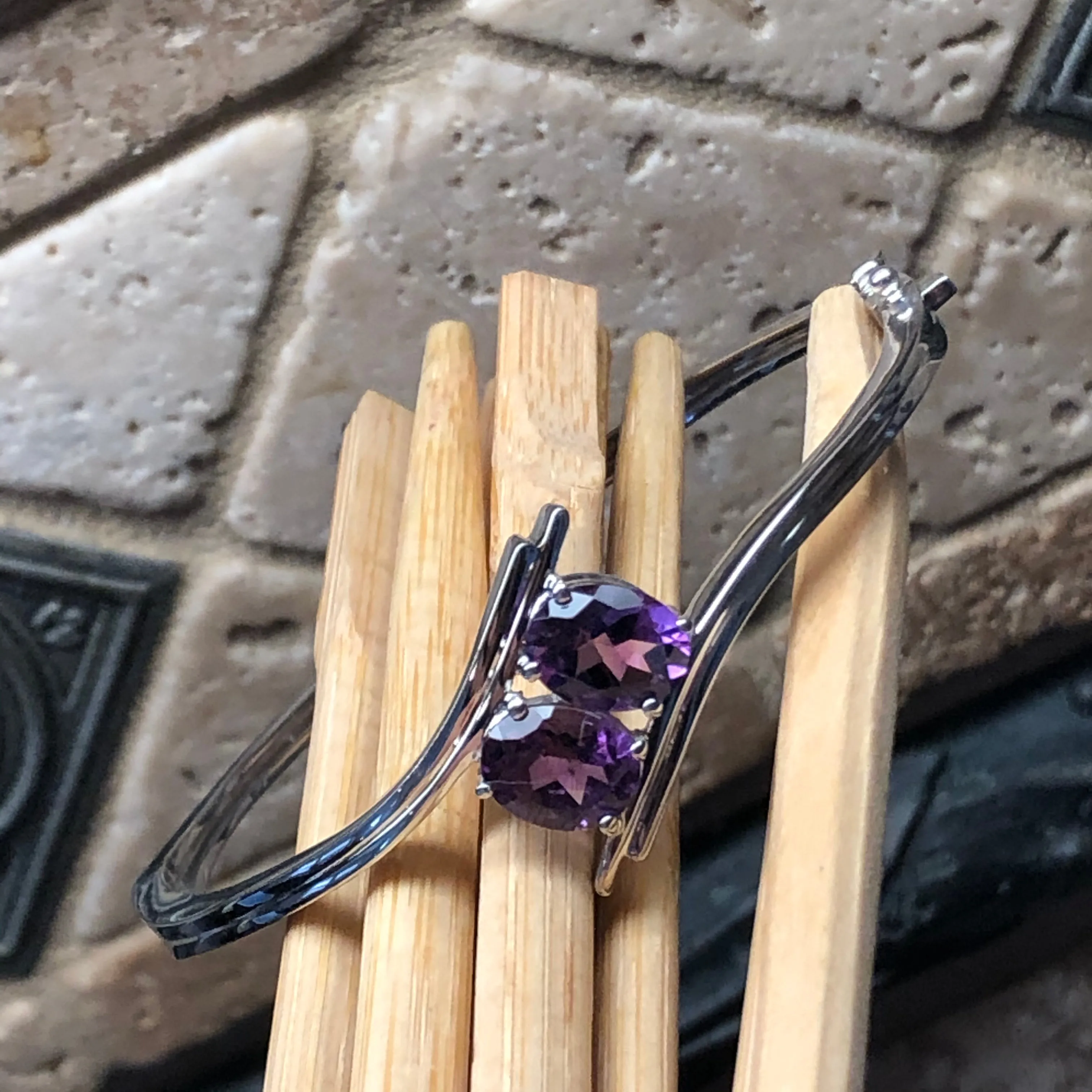 Genuine 4ct Purple Amethyst 925 Solid Sterling Silver Bangle Bracelets