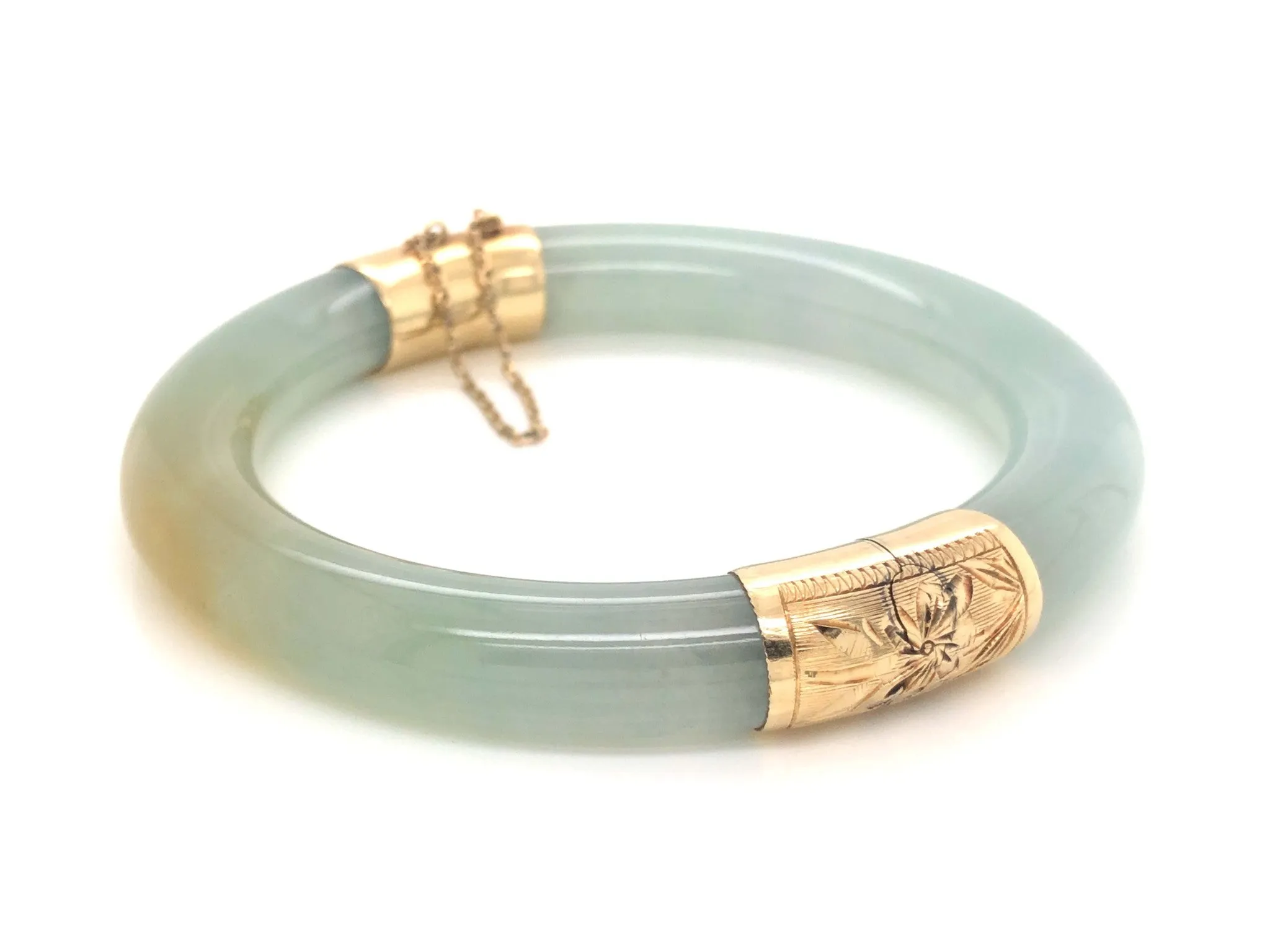 GIA Natural Jadeite Jade Pale Green & Brown Hinged Bangle 14K Gold