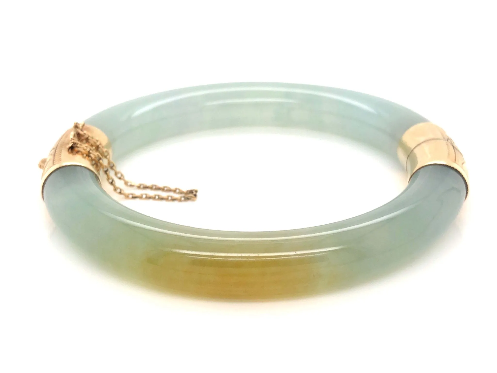 GIA Natural Jadeite Jade Pale Green & Brown Hinged Bangle 14K Gold