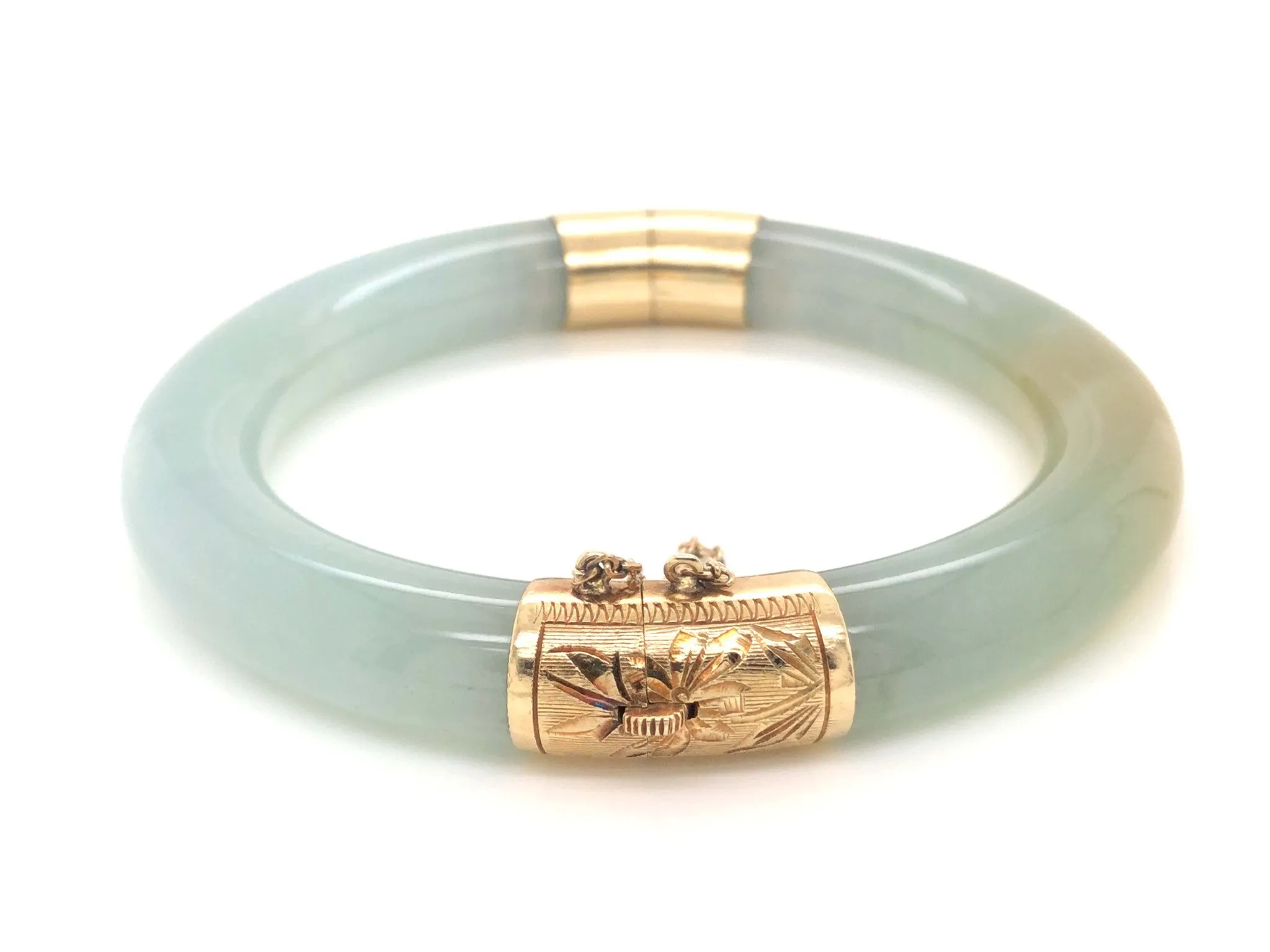 GIA Natural Jadeite Jade Pale Green & Brown Hinged Bangle 14K Gold