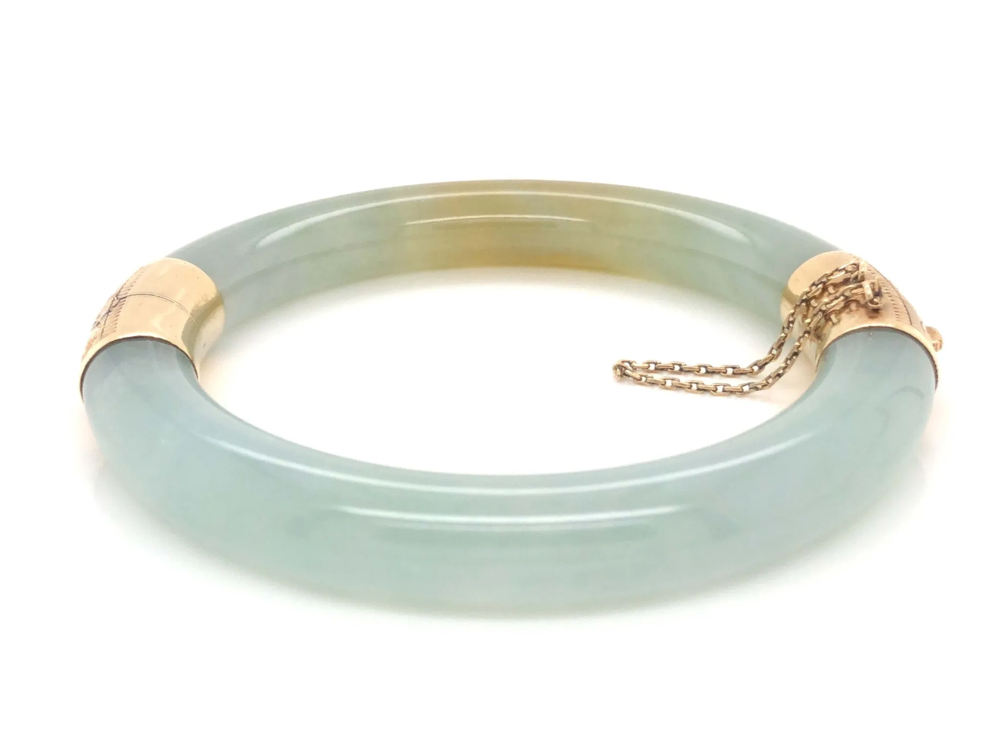 GIA Natural Jadeite Jade Pale Green & Brown Hinged Bangle 14K Gold