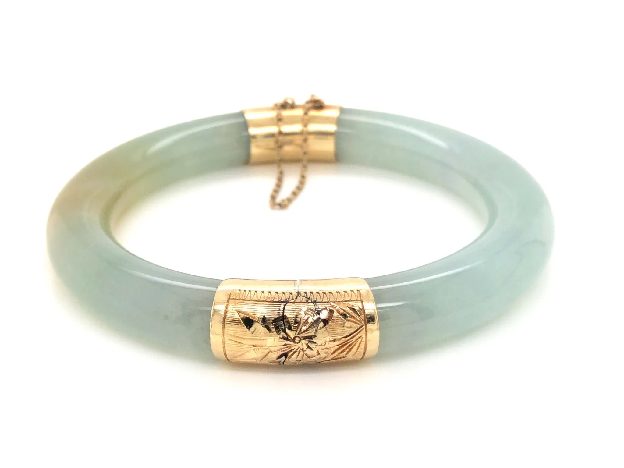 GIA Natural Jadeite Jade Pale Green & Brown Hinged Bangle 14K Gold