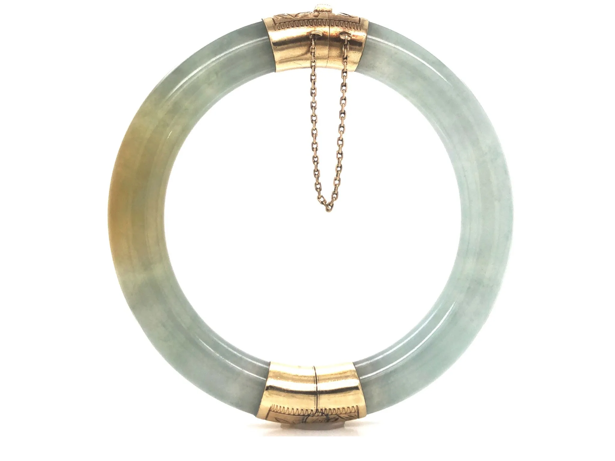 GIA Natural Jadeite Jade Pale Green & Brown Hinged Bangle 14K Gold