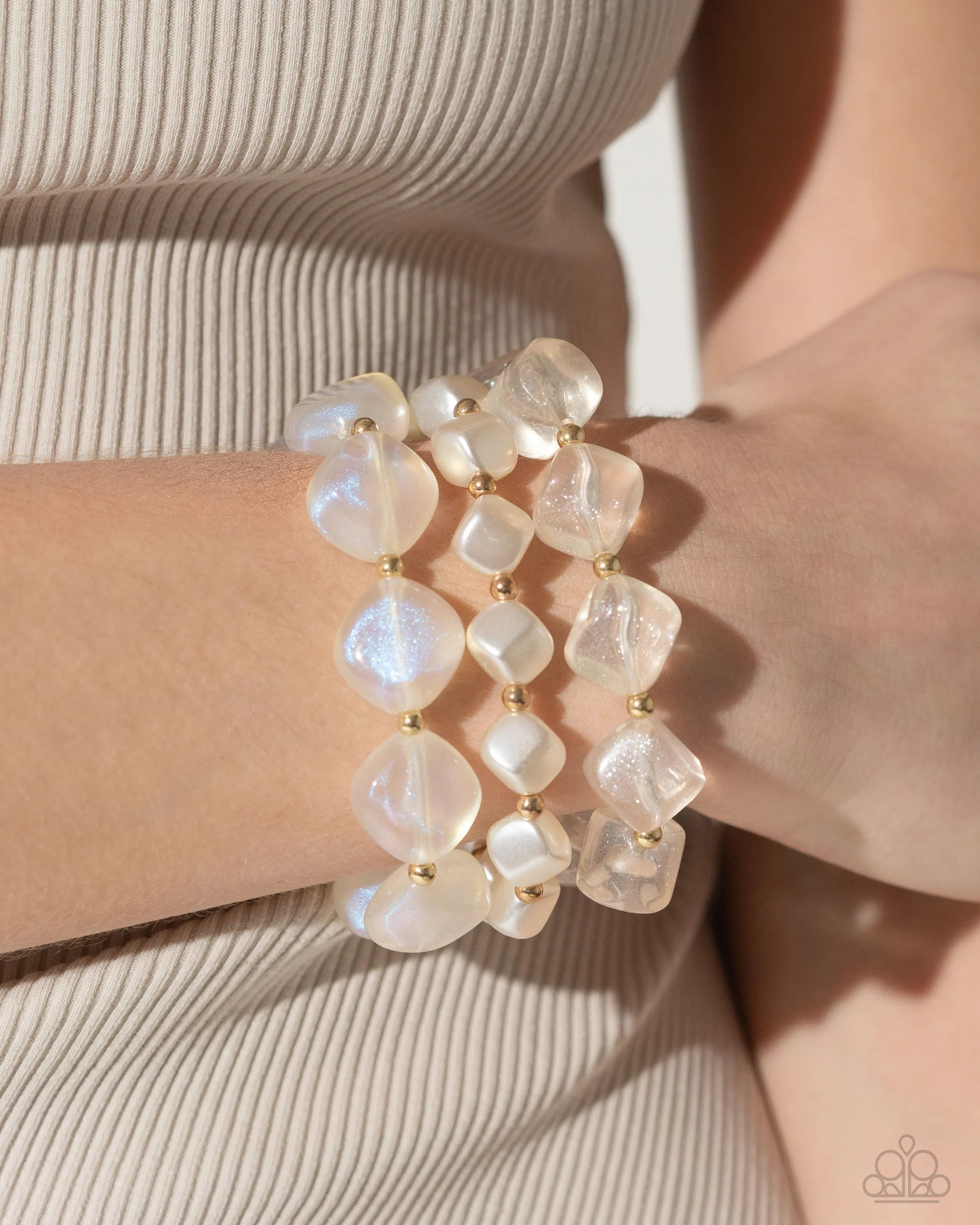 Glittery Gala - Gold - Cubed White Pearl and Glittery Acrylic Paparazzi Stretchy Bracelet