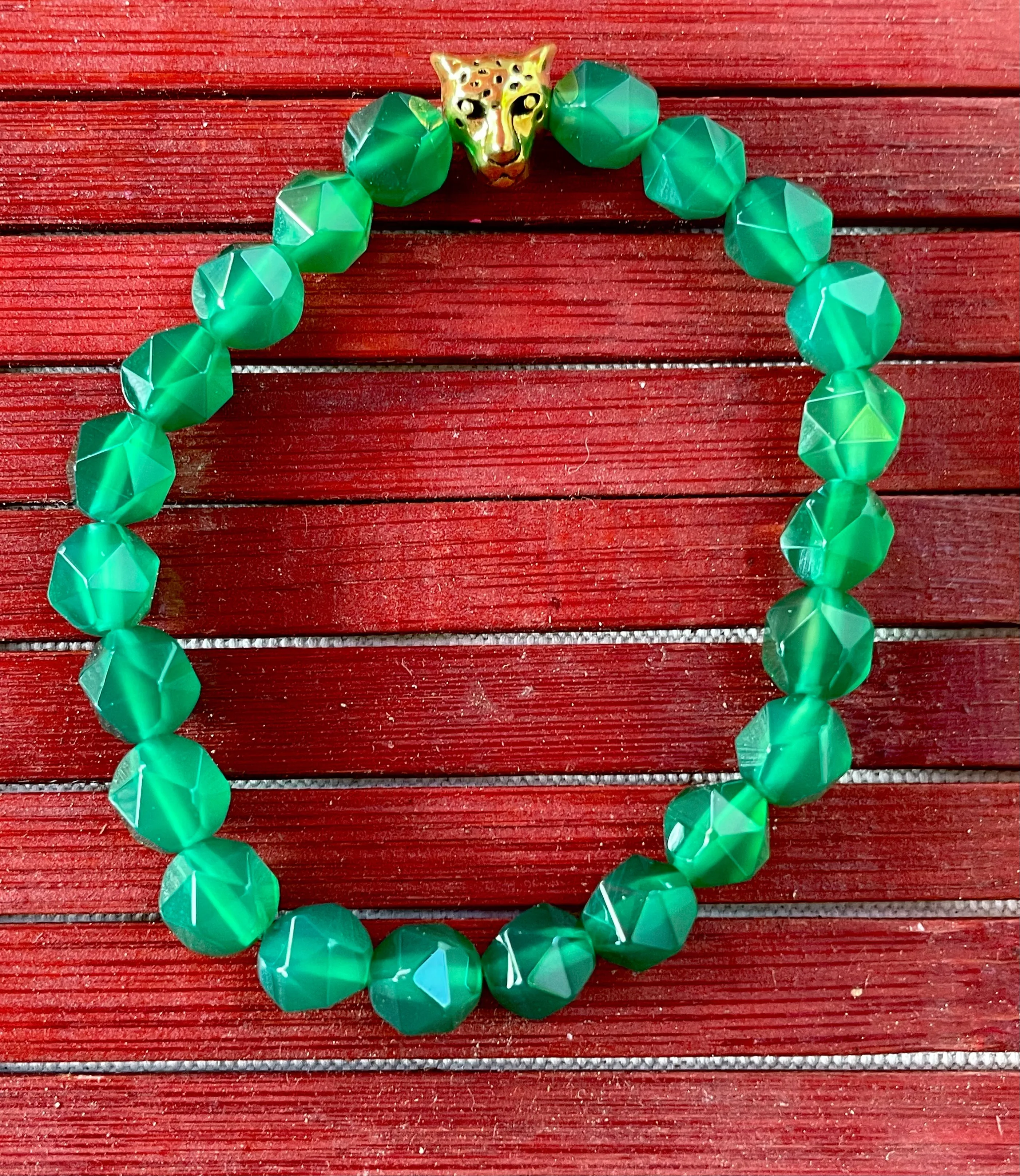 Green Agate and Gold Leopard Bracelet