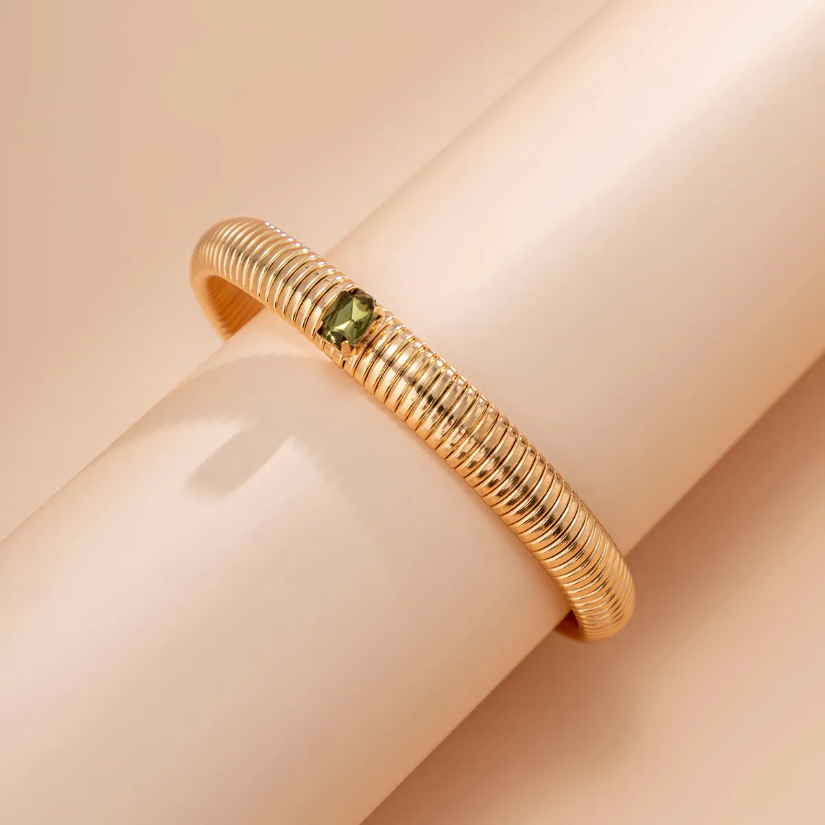 Green Crystal & 18K Gold-Plated Herringbone Bangle