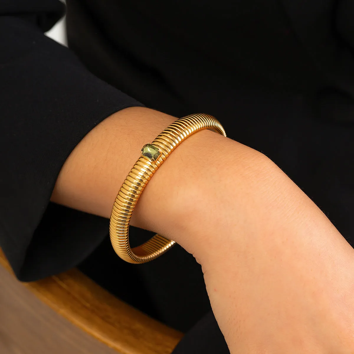 Green Crystal & 18K Gold-Plated Herringbone Bangle