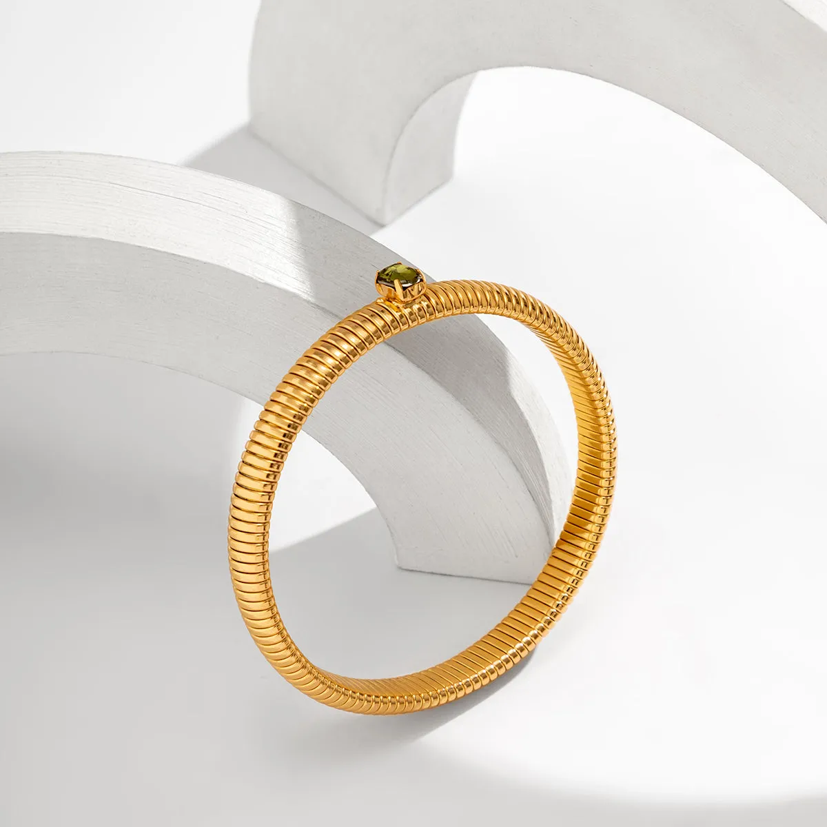 Green Crystal & 18K Gold-Plated Herringbone Bangle