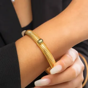 Green Crystal & 18K Gold-Plated Herringbone Bangle