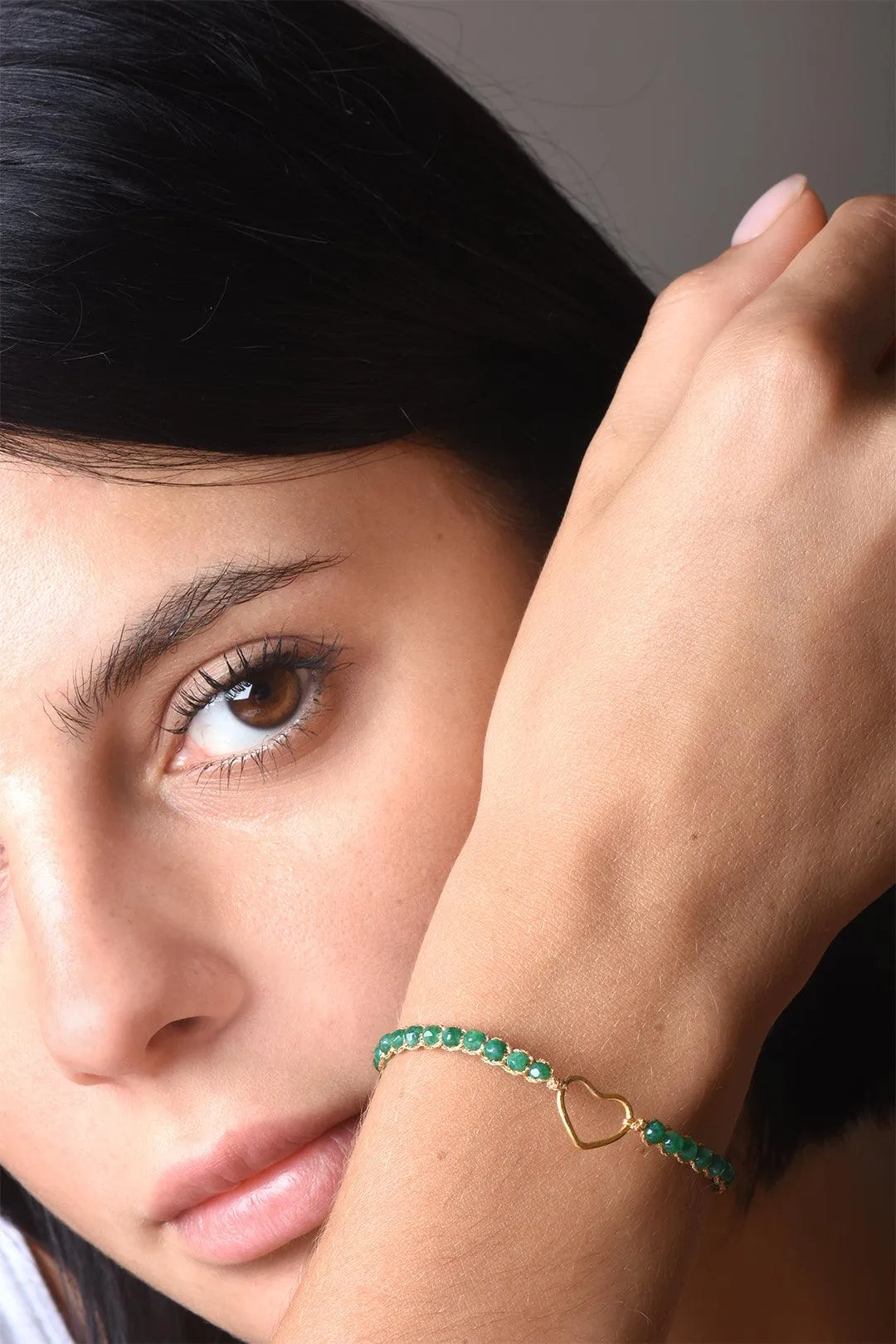 Green Emerald Agate Heart Bracelet | Gold