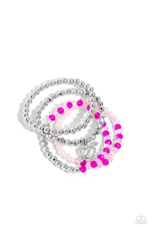 Heart-struck Haute - Multi - Iridescent Heart and Arrow Charm Pink Pearl and Bead Paparazzi Stretchy Bracelet