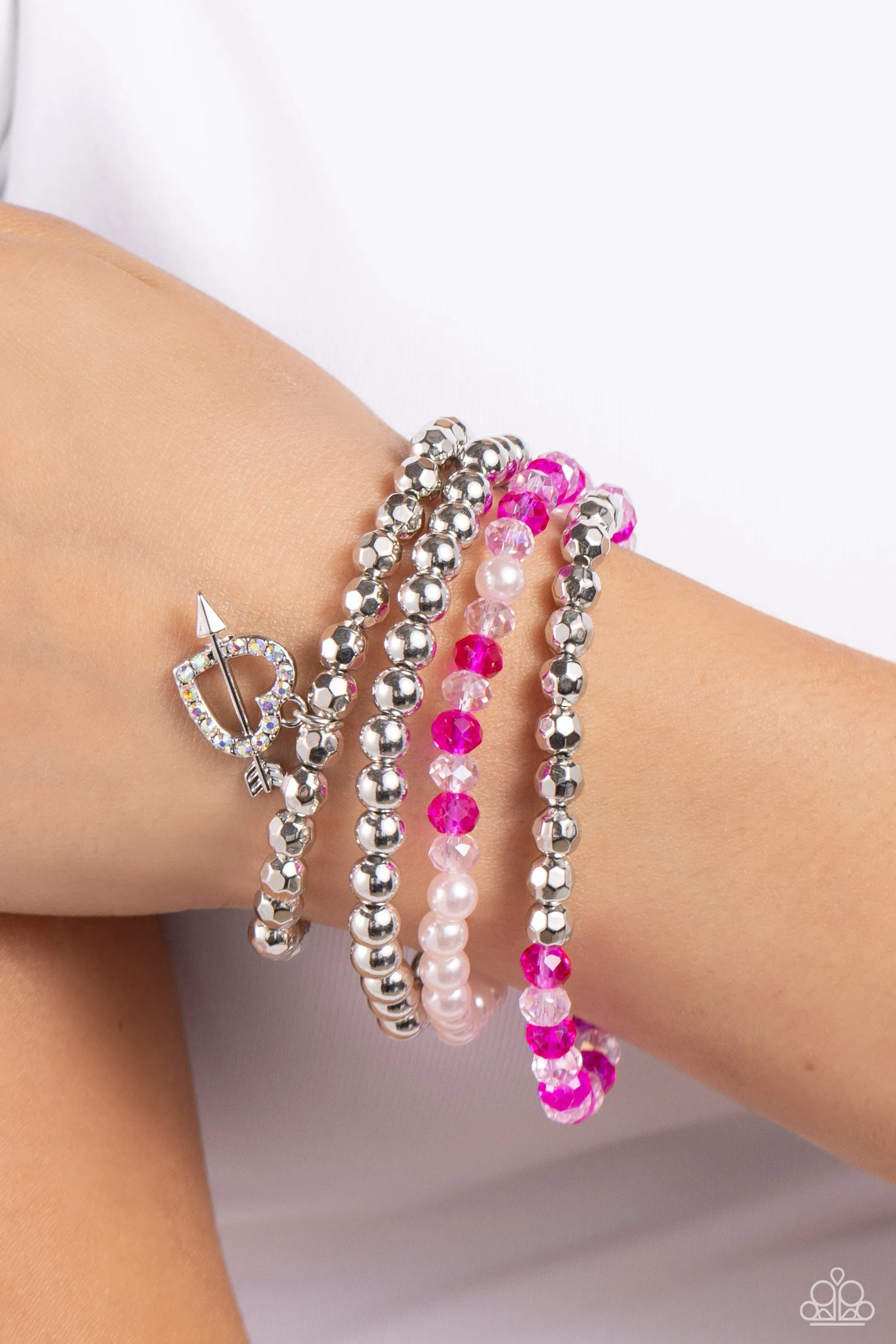 Heart-struck Haute - Multi - Iridescent Heart and Arrow Charm Pink Pearl and Bead Paparazzi Stretchy Bracelet
