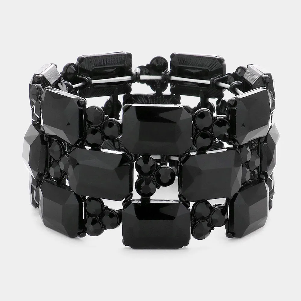 Jet Black Emerald Cut Stone Accented Pageant Stretch Bracelet  | Crystal Bracelet | 581629